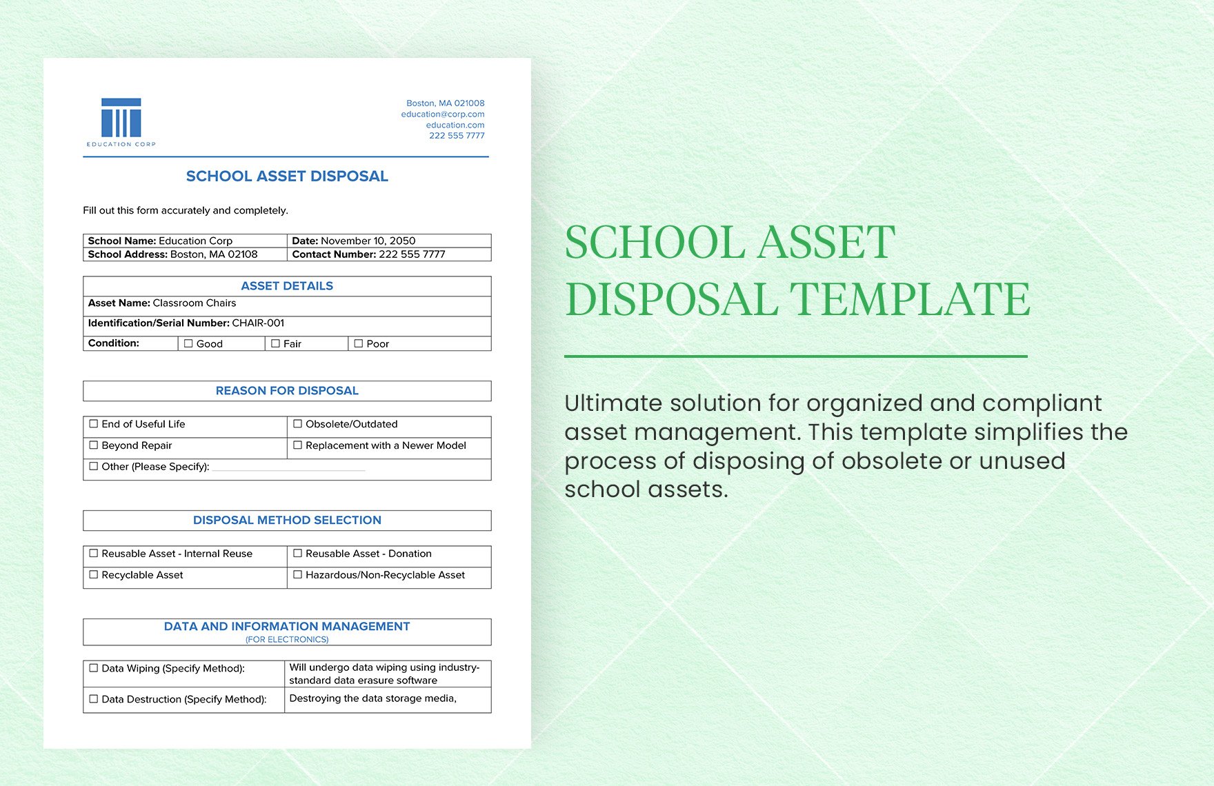 School Asset Disposal Template in Word, Google Docs, PDF
