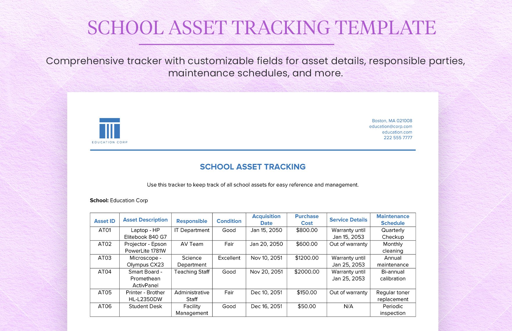 School Asset Tracking Template in Word, Google Docs, PDF