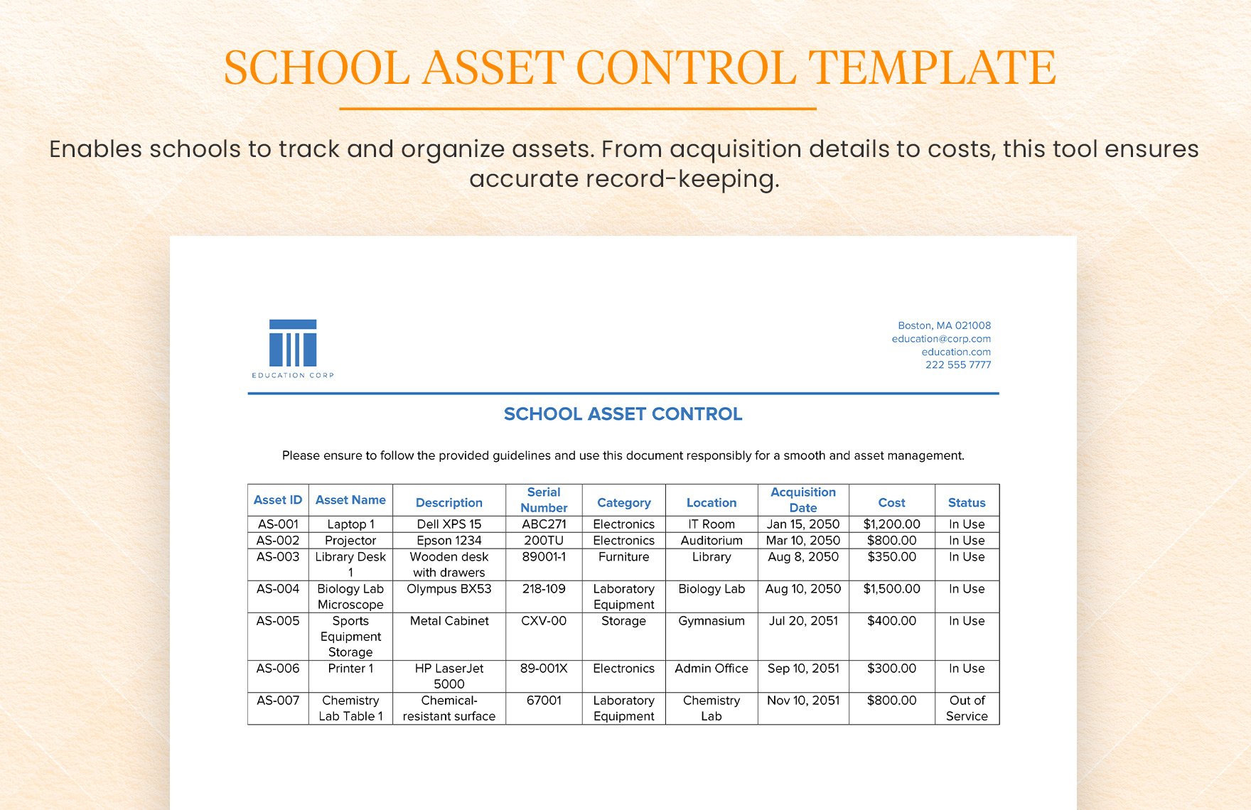 School Asset Control Template in Word, Google Docs, PDF