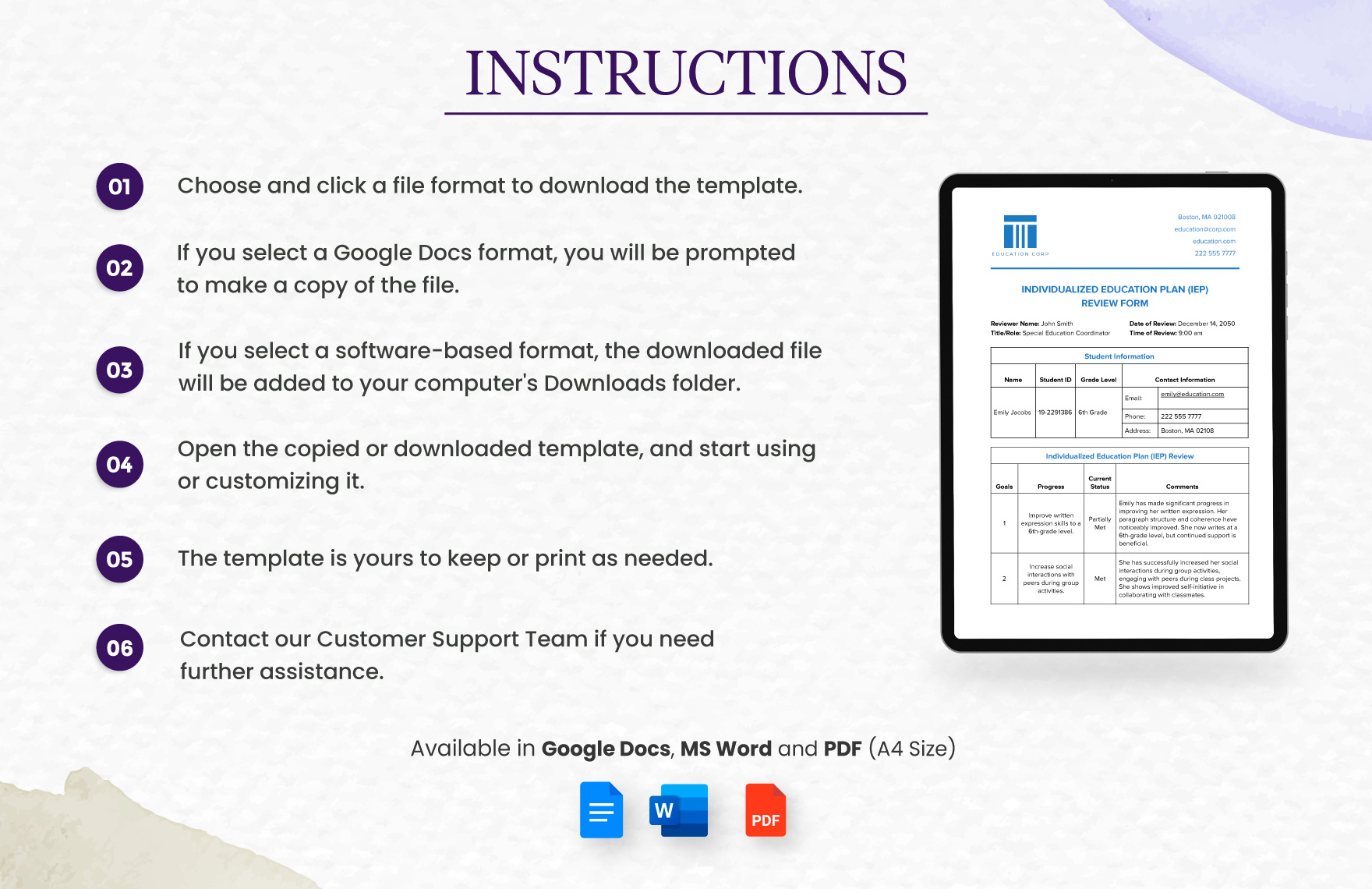 Individualized Education Plan (IEP) Review Form Template