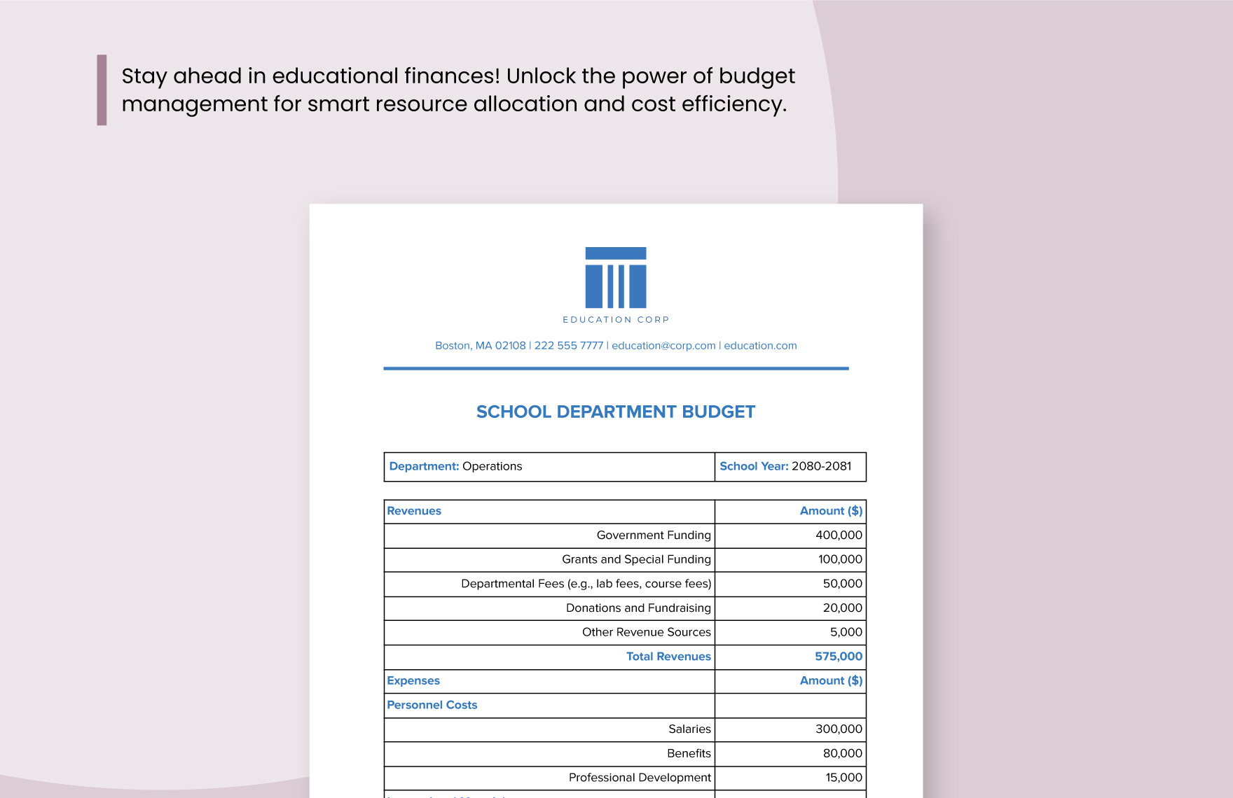 School Department Budget Template