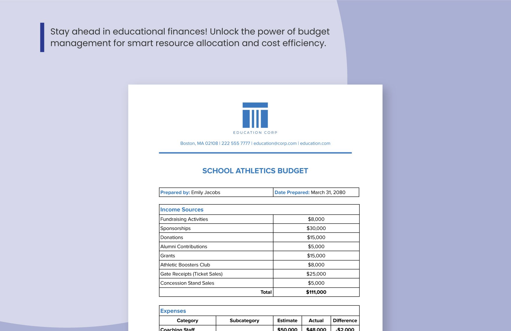 School Athletics Budget Template