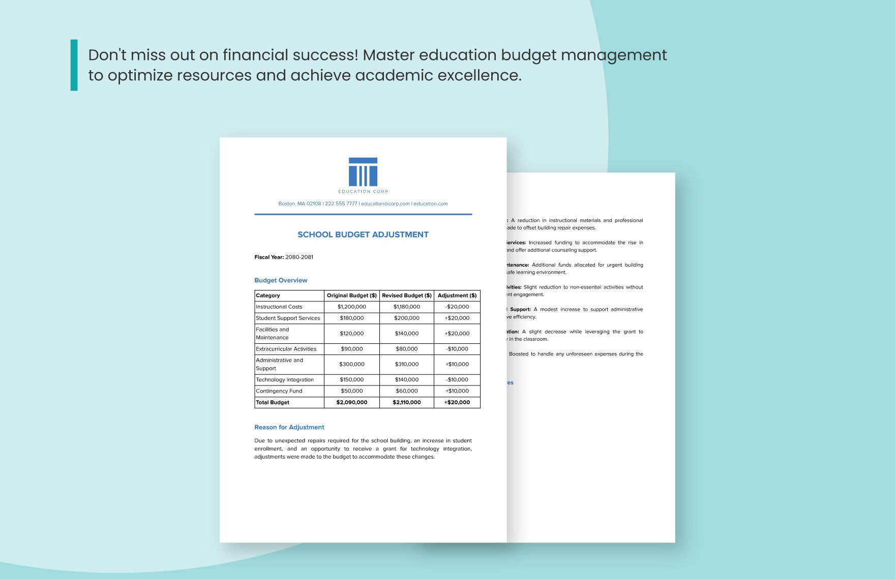 School Budget Adjustment Template