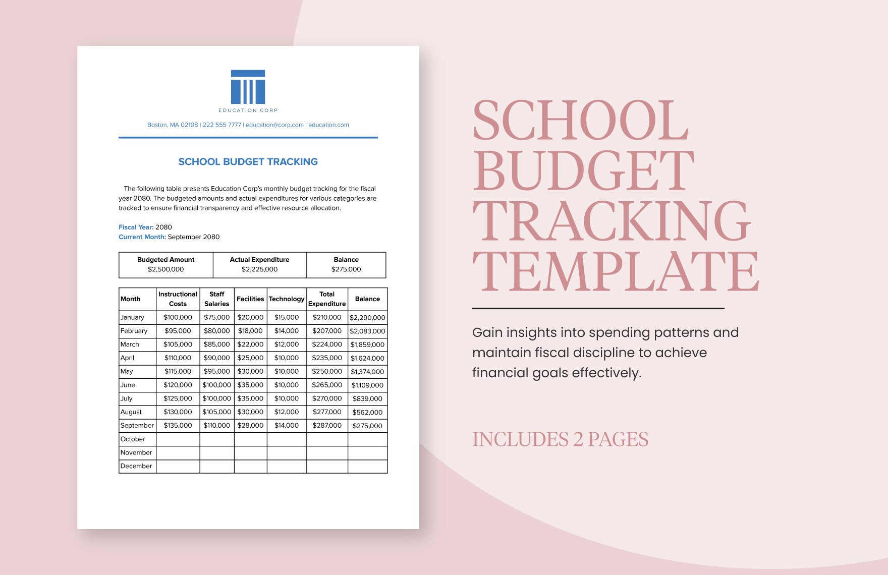 School Budget Tracking Template in Word, Google Docs, PDF