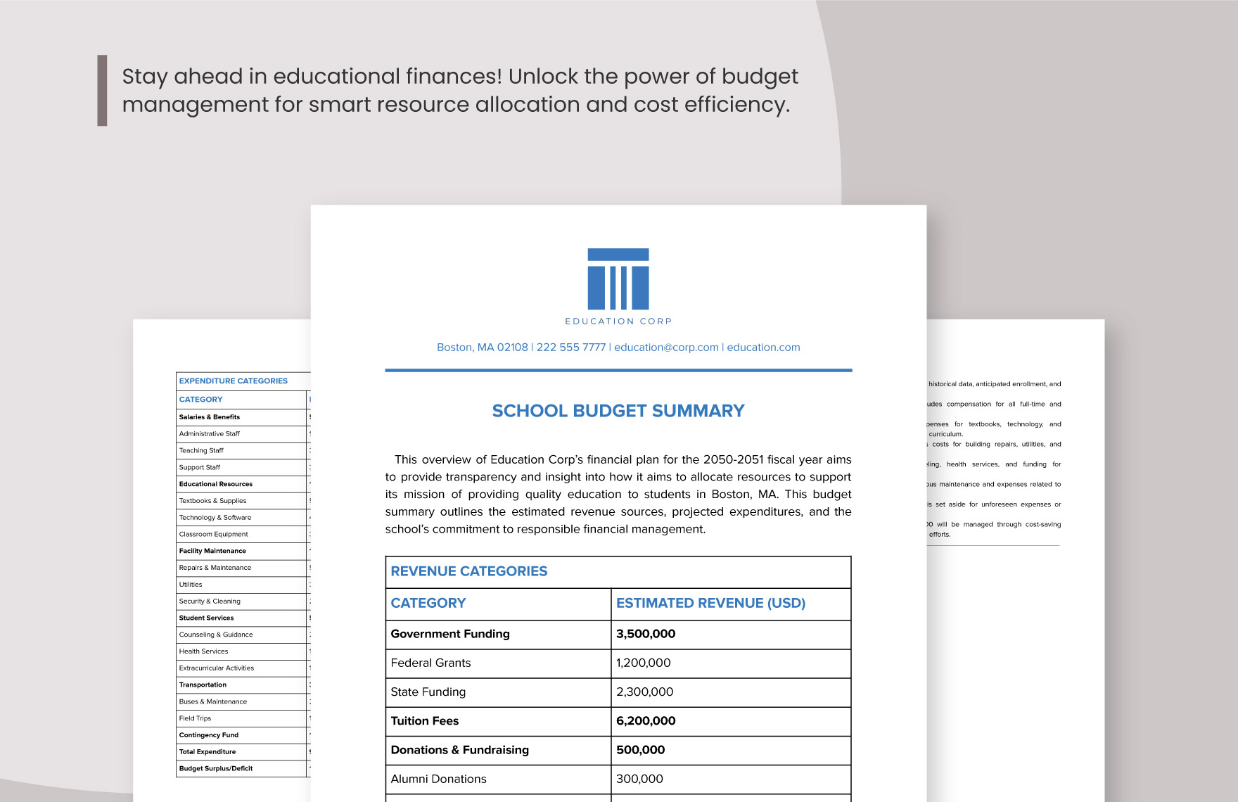 School Budget Summary Template