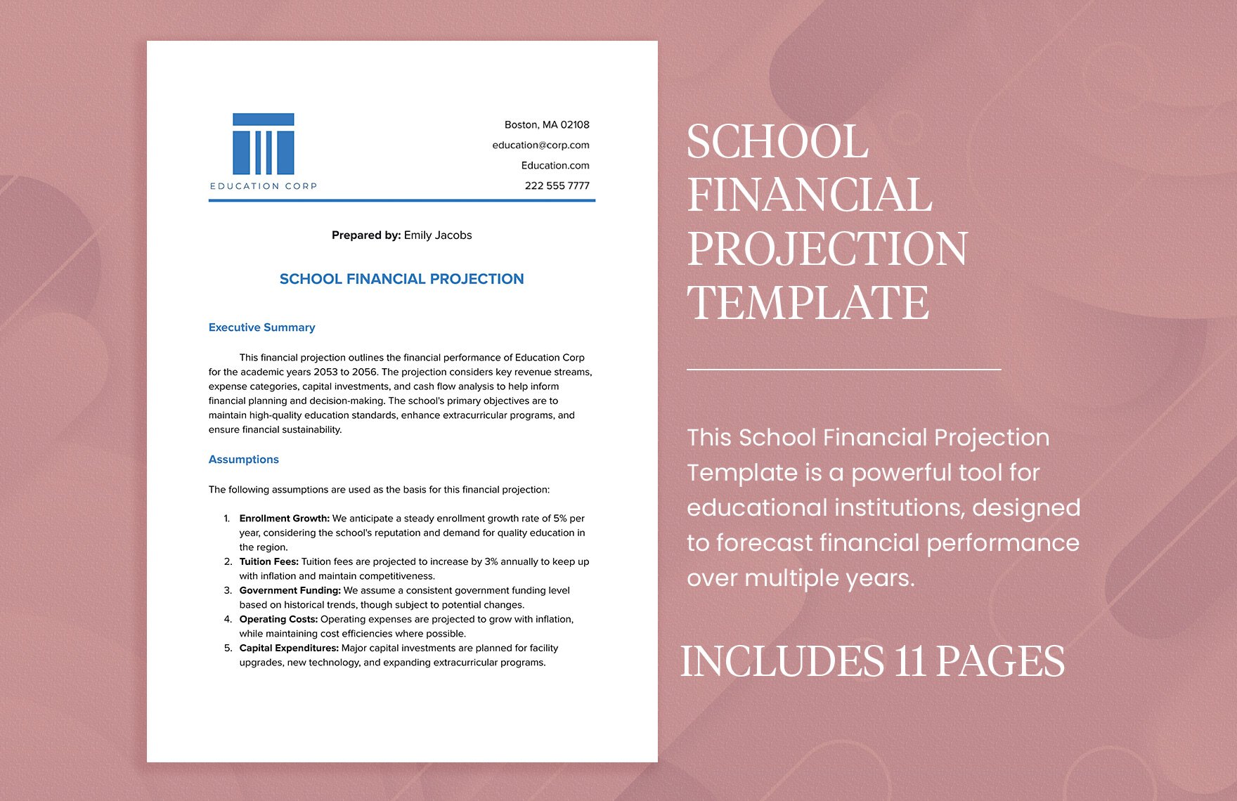 School Financial Projection Template in Word, Google Docs, PDF