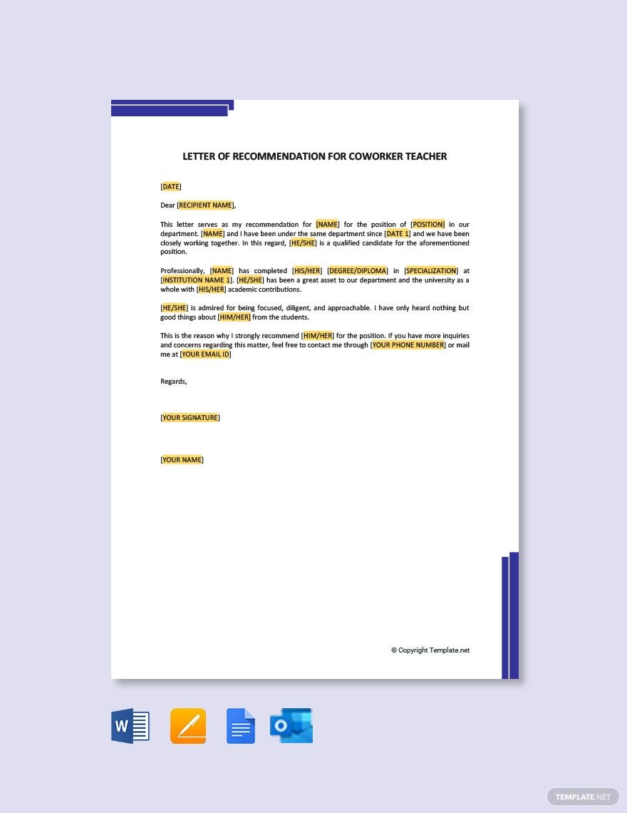 Letter of Recommendation for Coworker Teacher in Google Docs, Pages, Outlook, PDF, Word - Download | Template.net