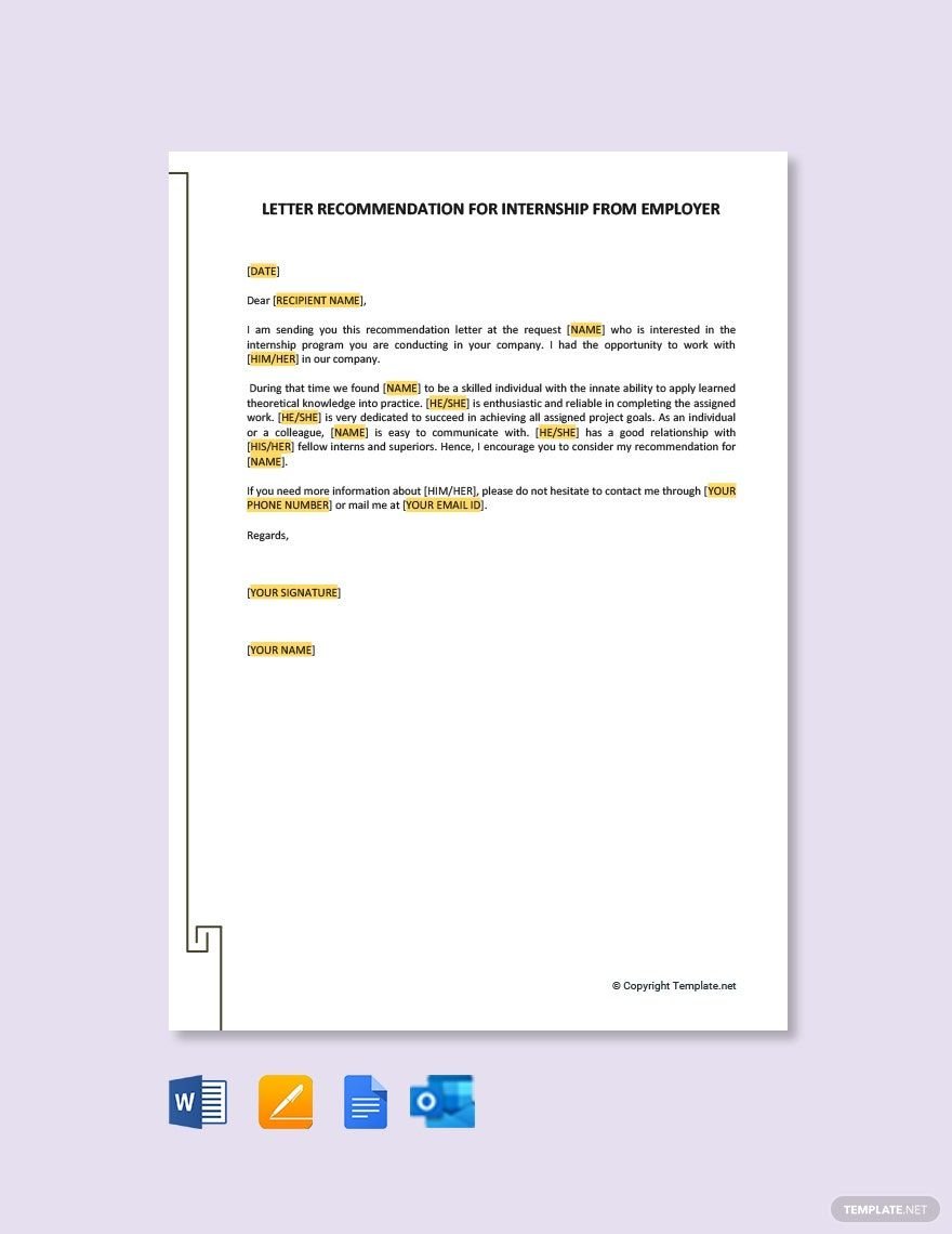 Letter of Recommendation for Internship from Employer Template