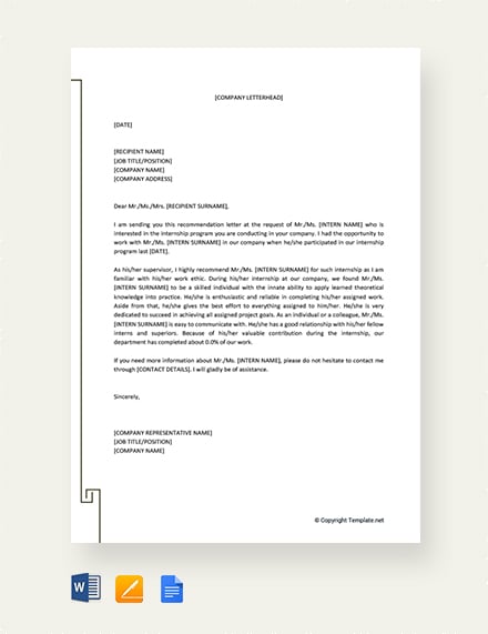 FREE Letter of Recommendation for Internship from Employer Template