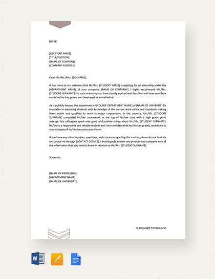 FREE Letter of Recommendation for Internship from Professor Template