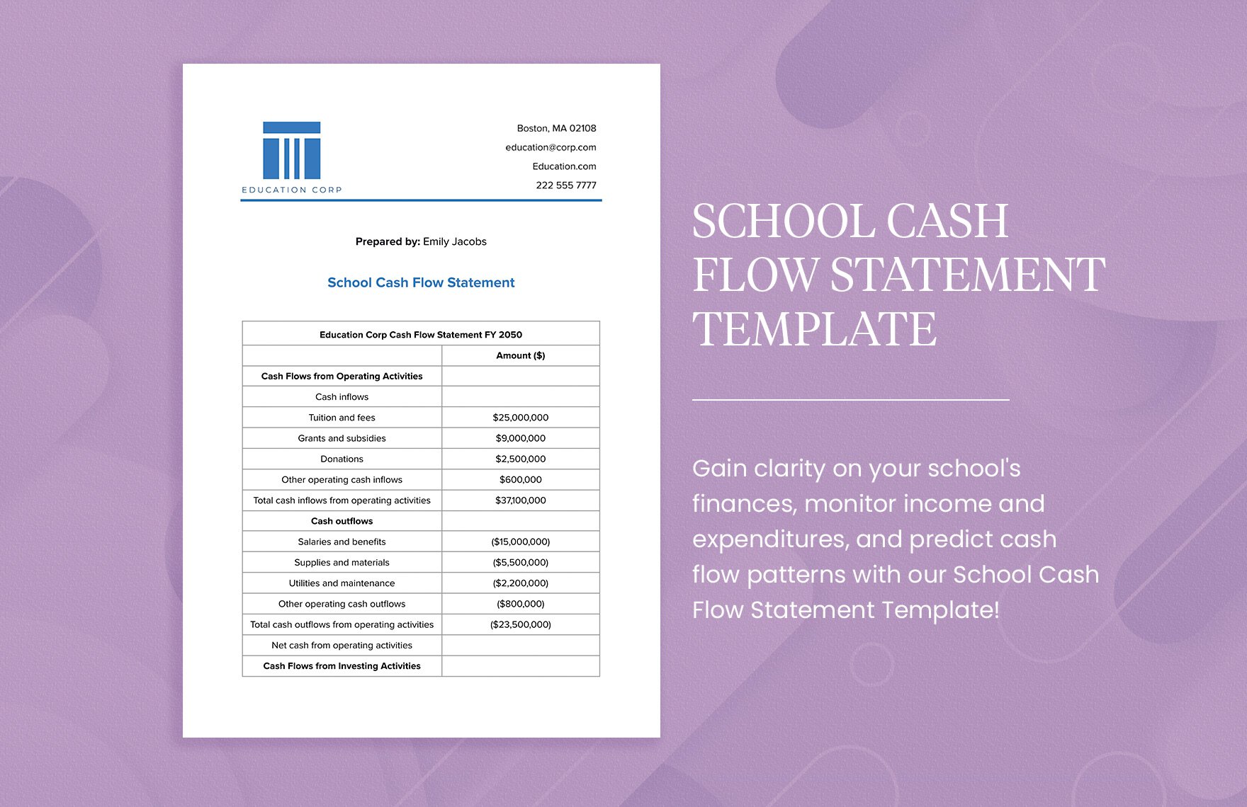 School Cash Flow Statement Template in Word, Google Docs, PDF