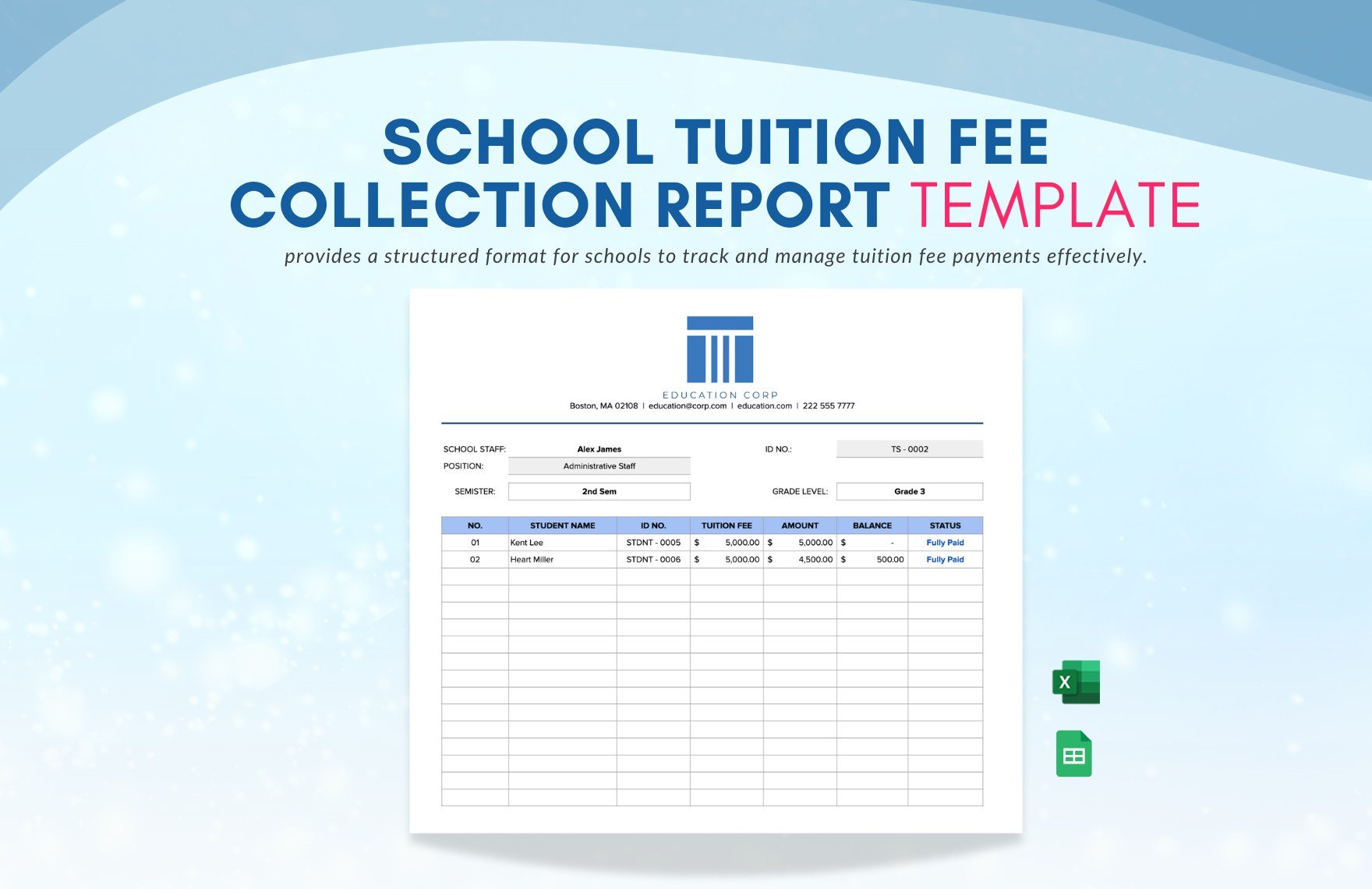 School Tuition Fee Collection Report Template in Excel, Google Sheets