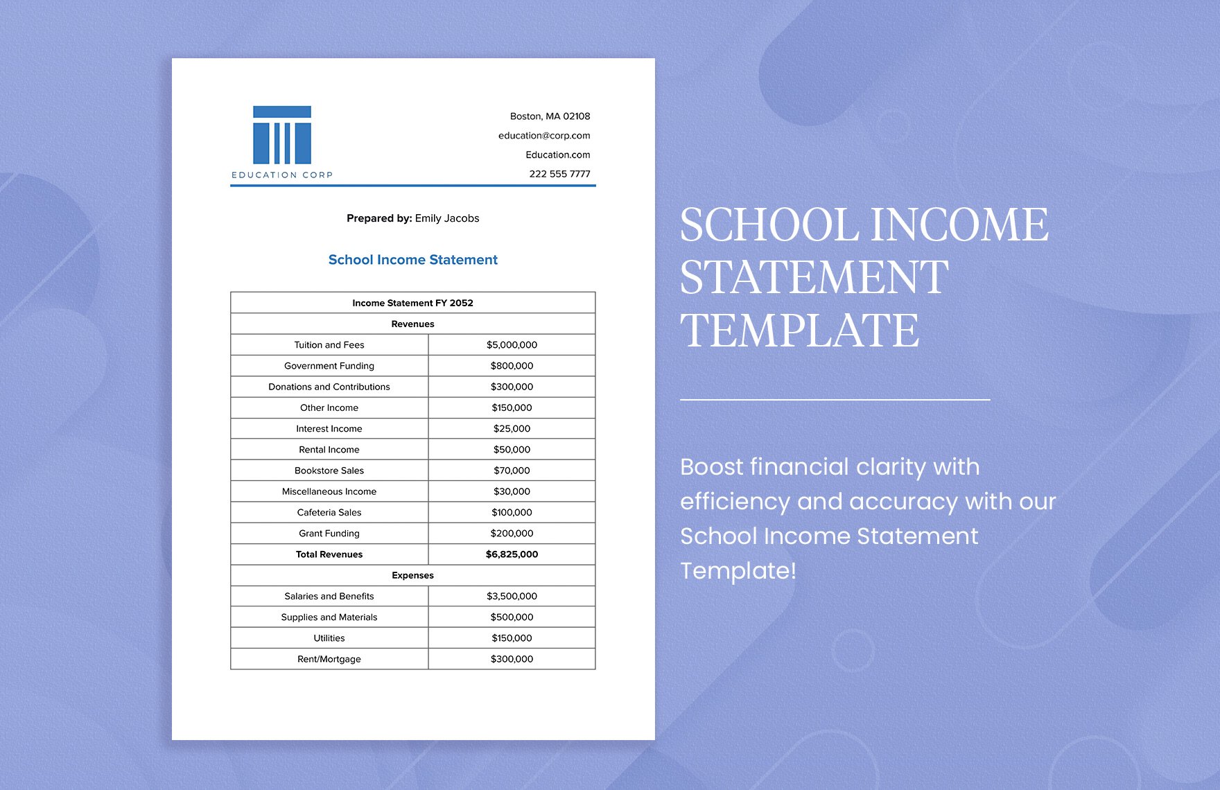School Income Statement Template