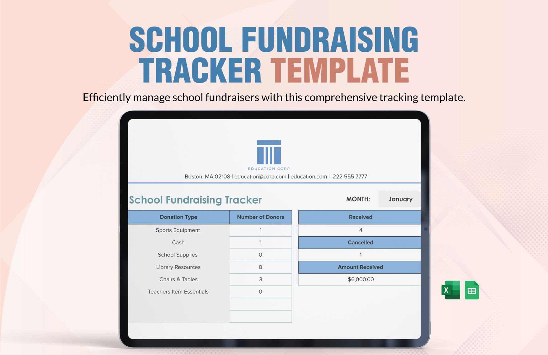 School Fundraising Tracker Template in Excel, Google Sheets