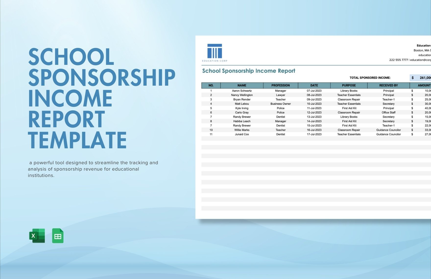 School Sponsorship Income Report Template in Excel, Google Sheets