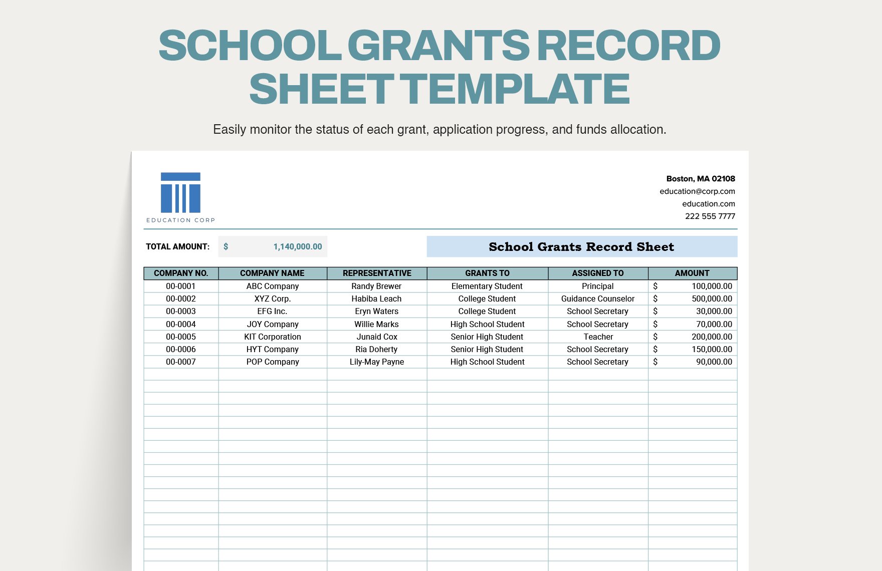 School Grants Record Sheet Template