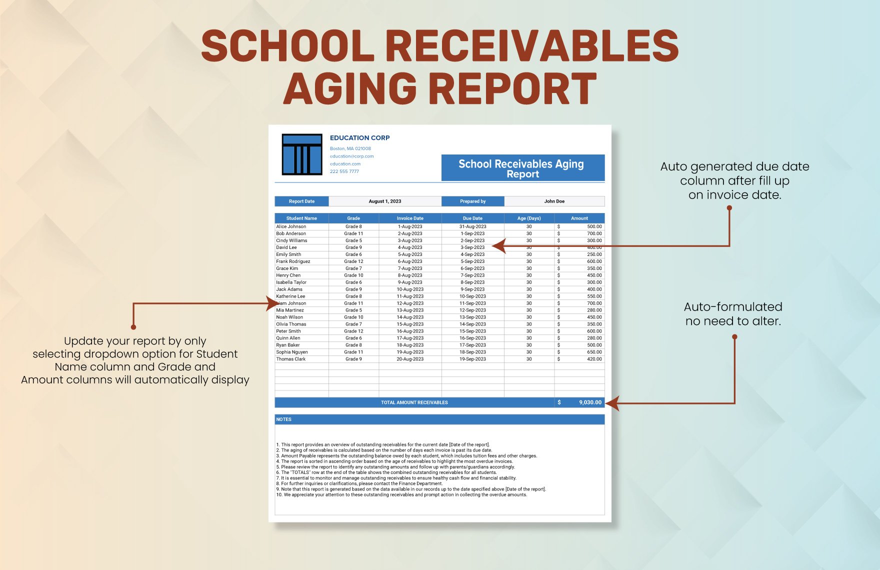 School Receivables Aging Report Template