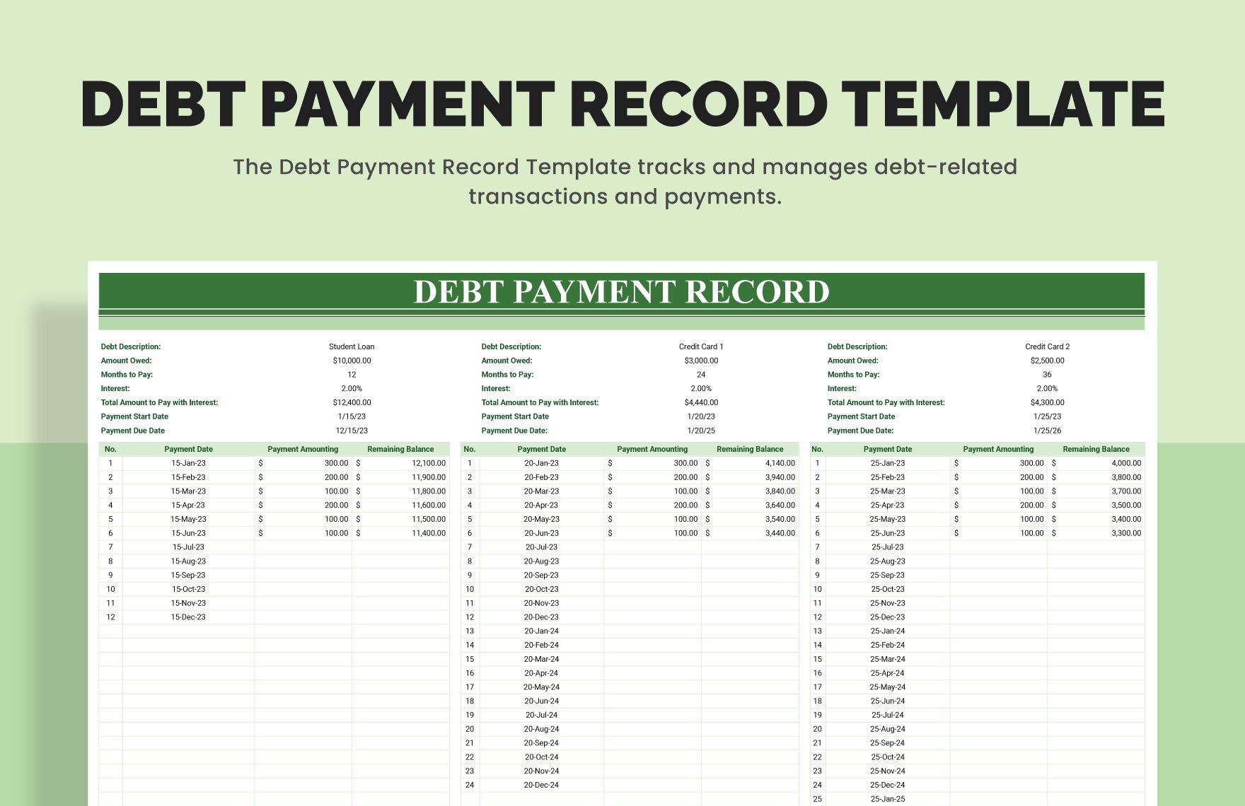 Debt Payment Record Template