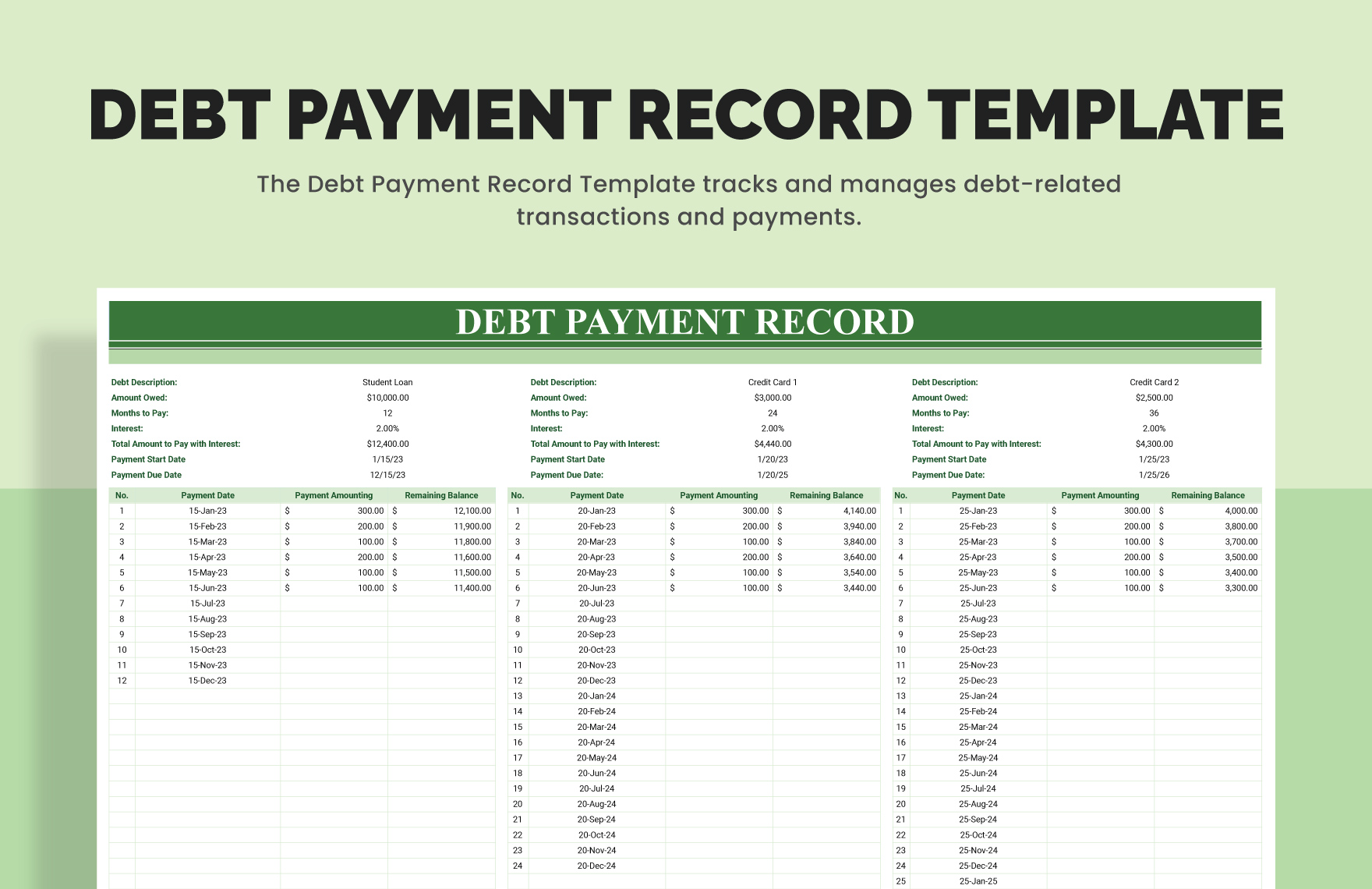 Debt Payment Record Template in Excel, Google Sheets