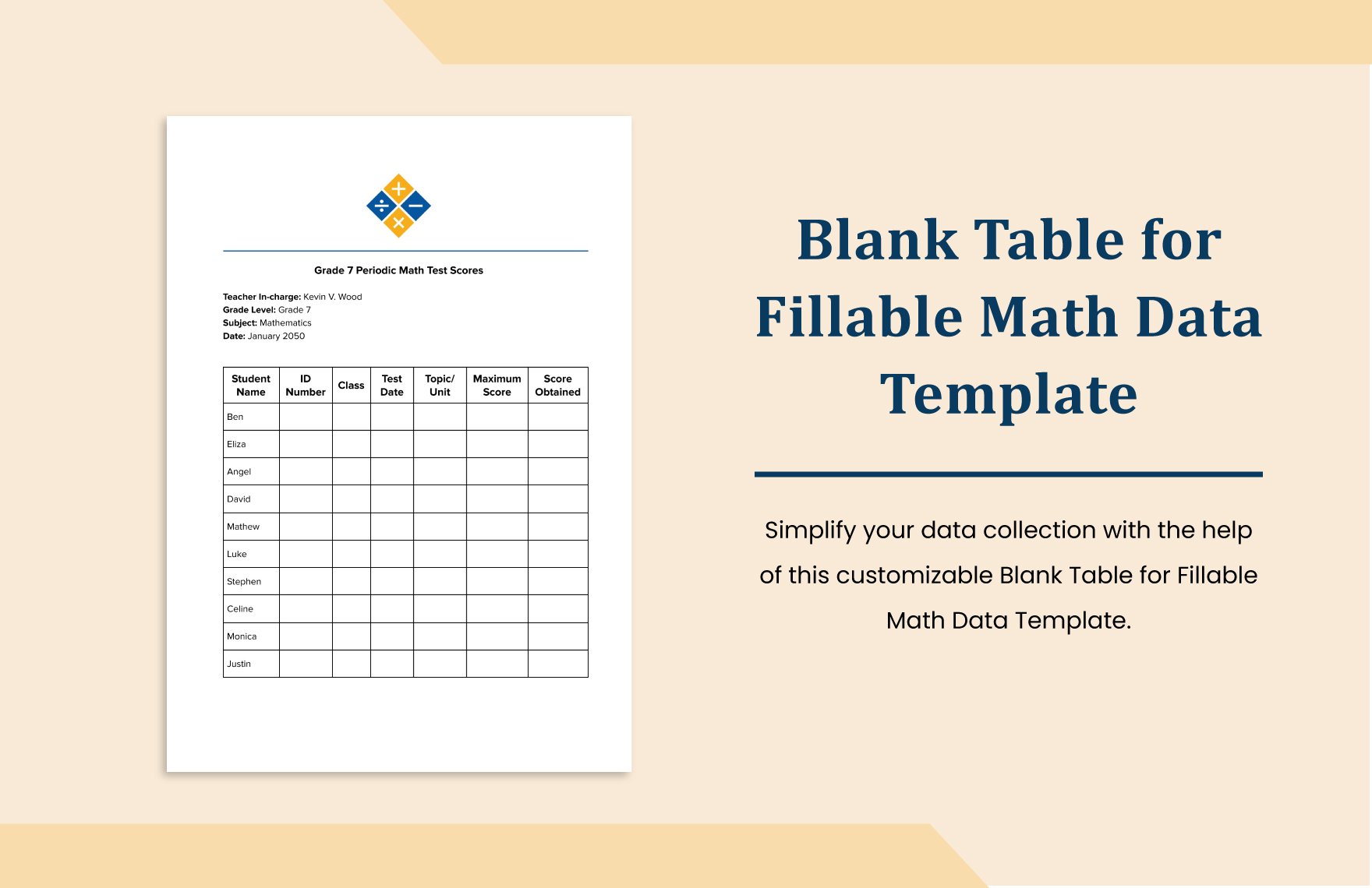 Blank Table for Fillable Math Data Template