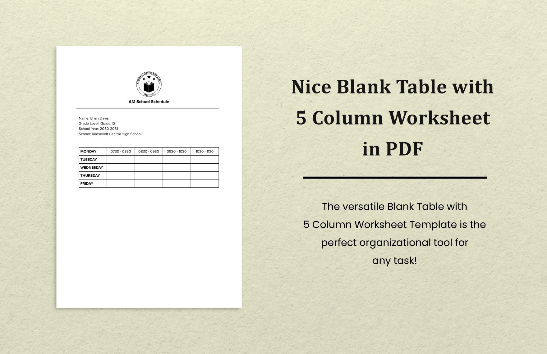 Nice Blank Table with 5 Column Worksheet in PDF