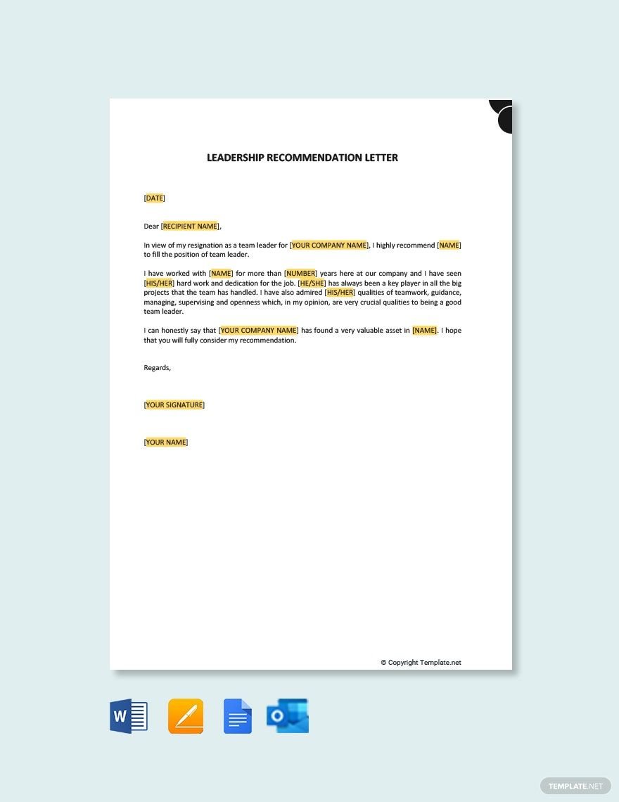 Leadership Recommendation Letter Template