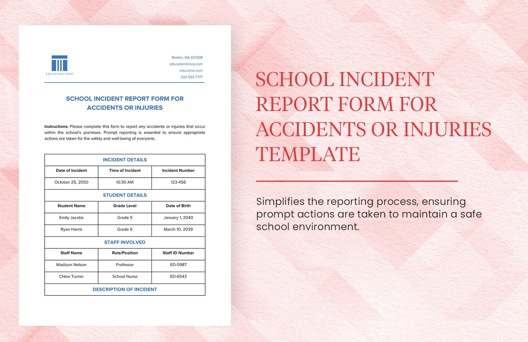 School Incident Report Form for Accidents or Injuries Template