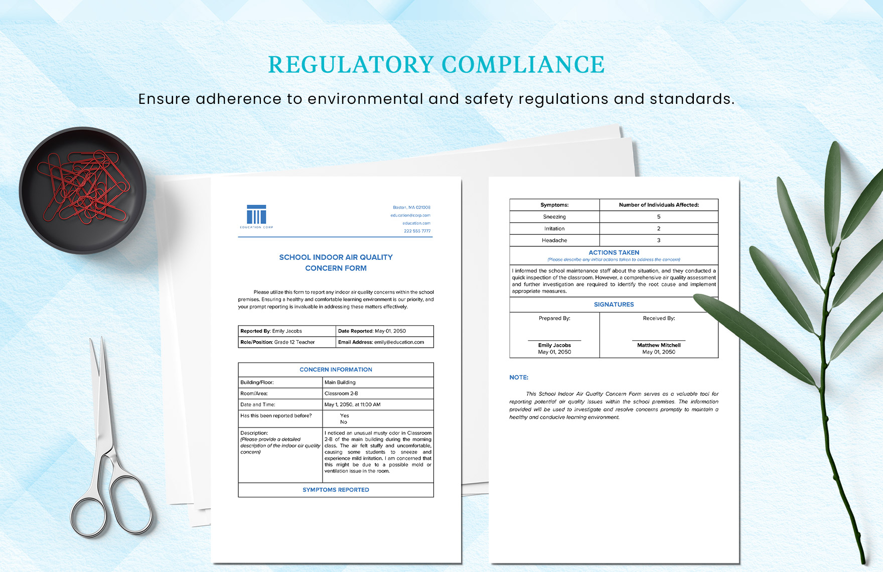 School Indoor Air Quality Concern Form Template