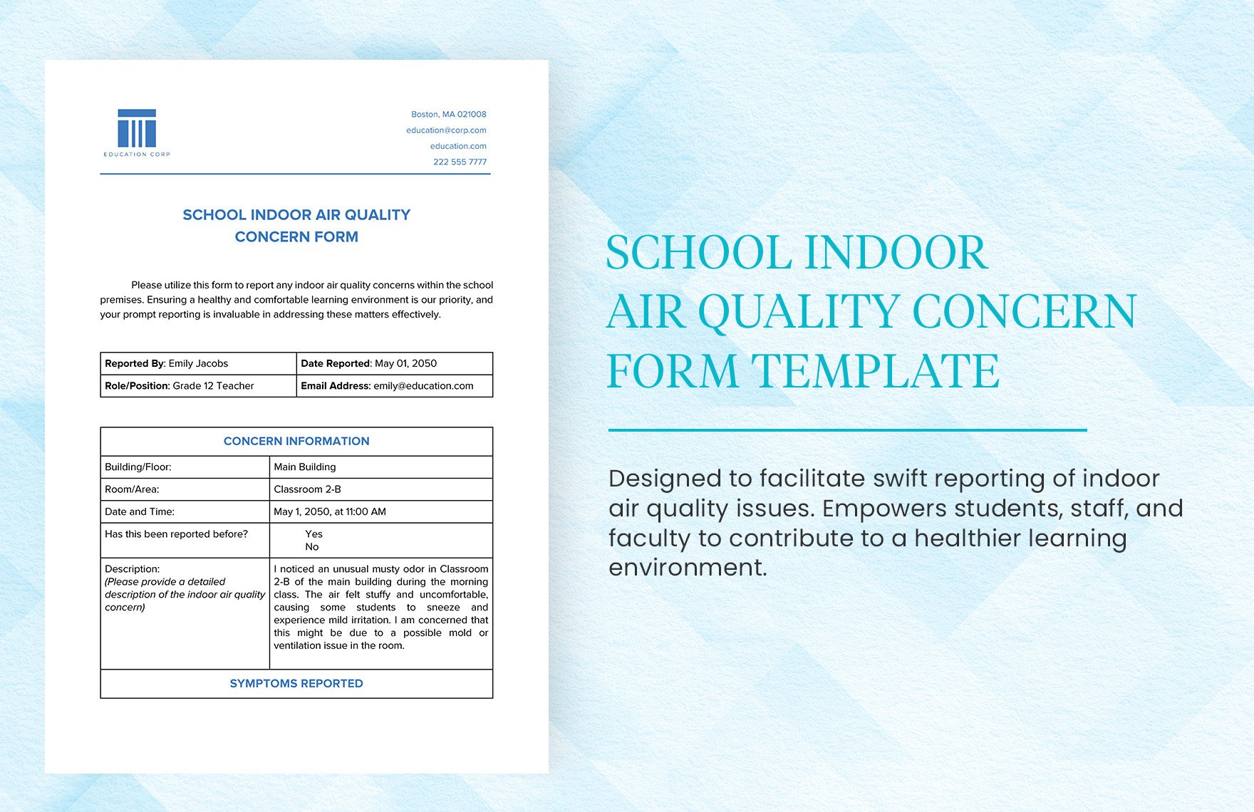 School Indoor Air Quality Concern Form Template