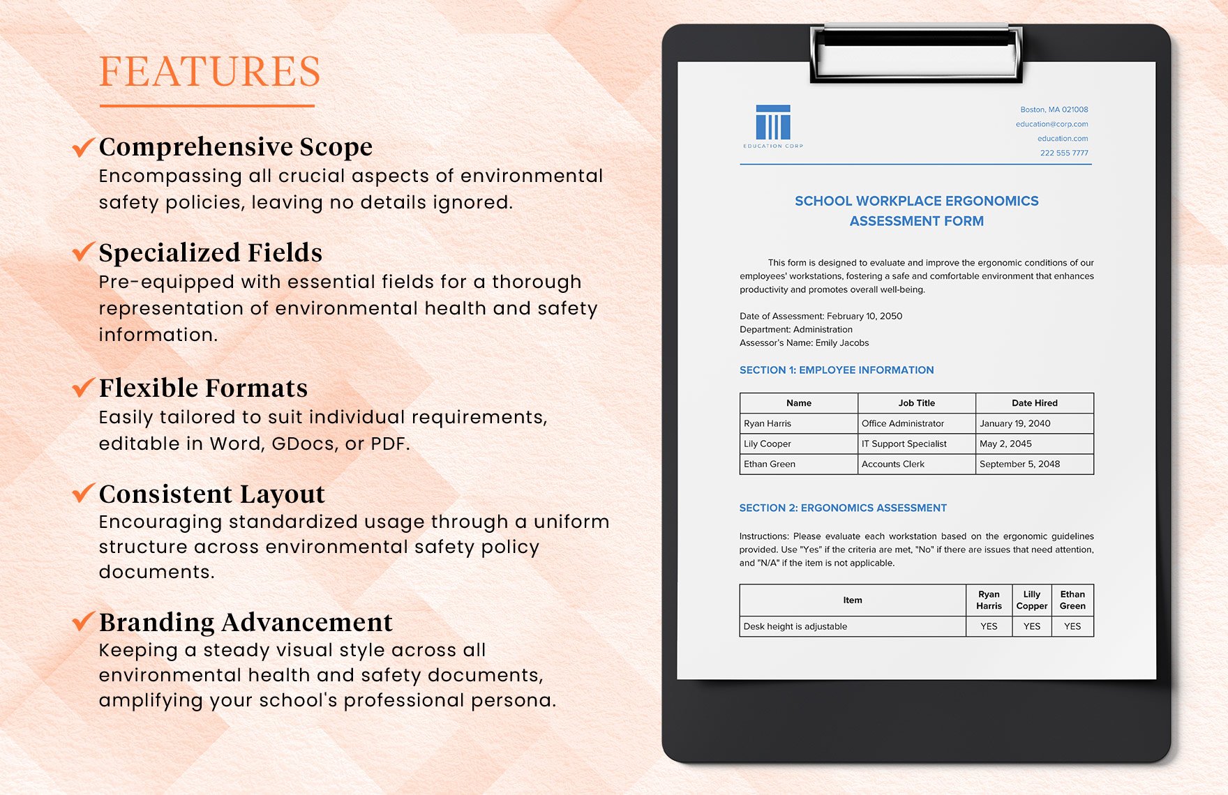 School Workplace Ergonomics Assessment Form Template