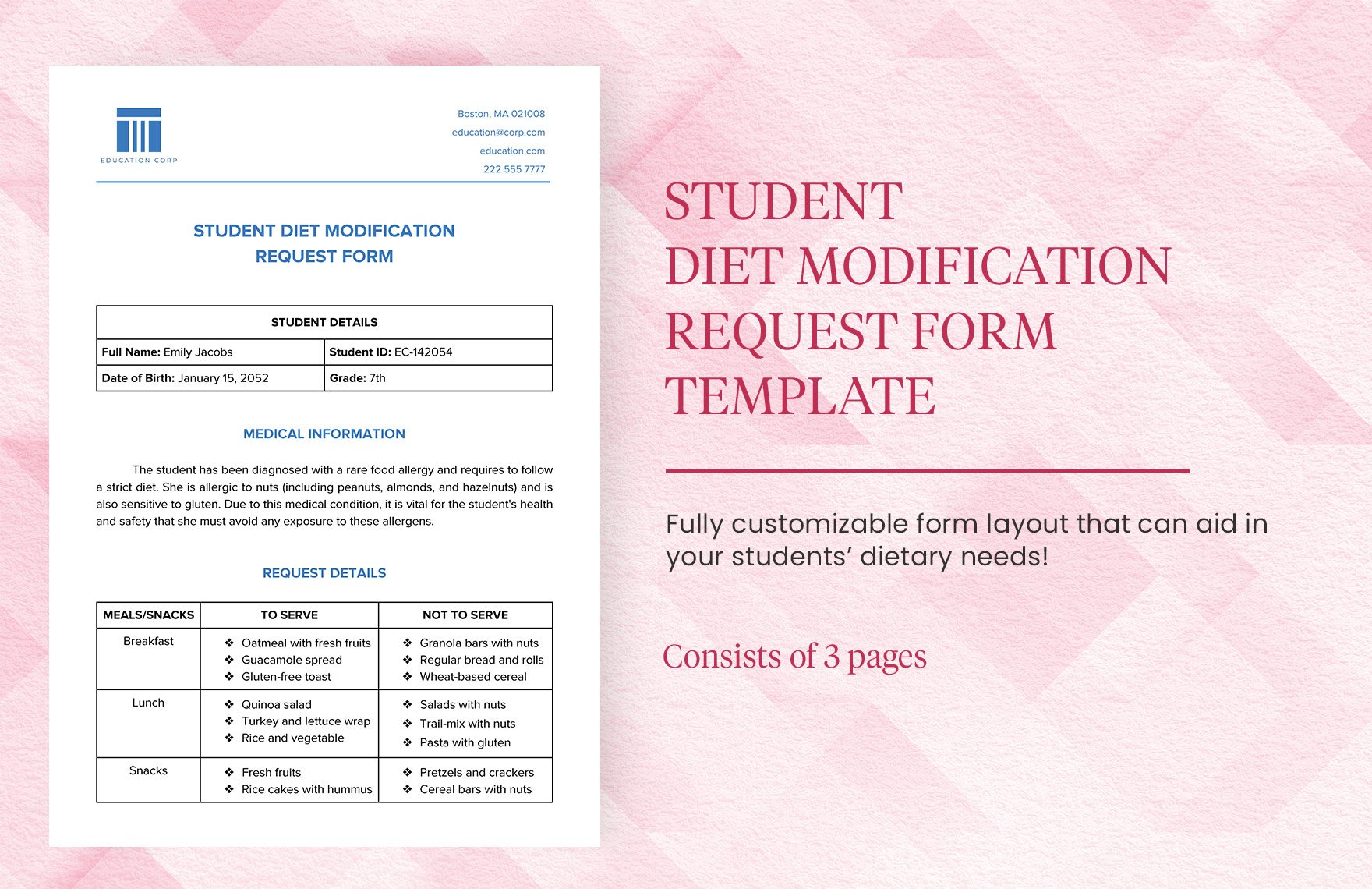 Student Diet Modification Request Form Template
