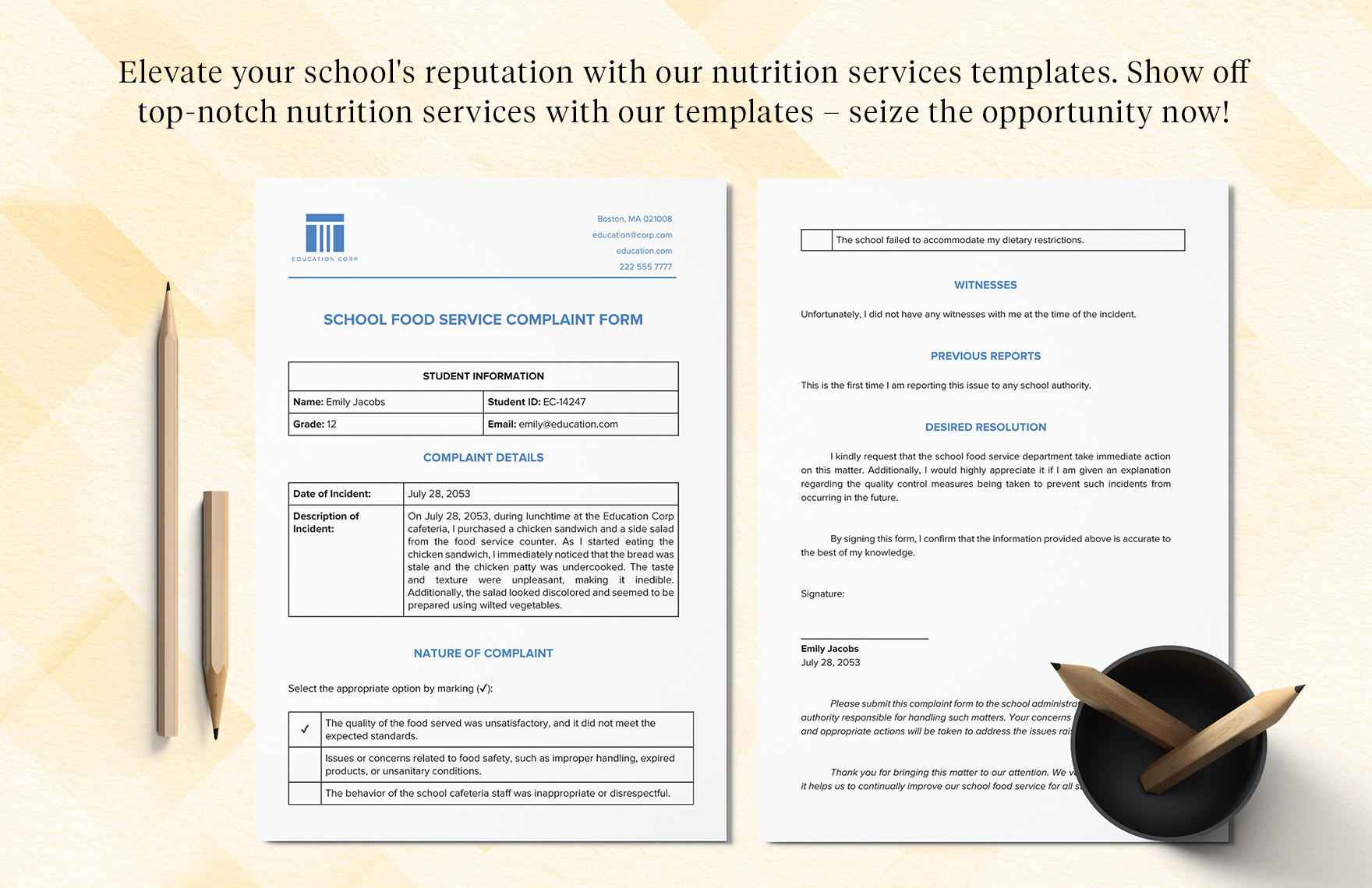 School Food Service Complaint Form Template