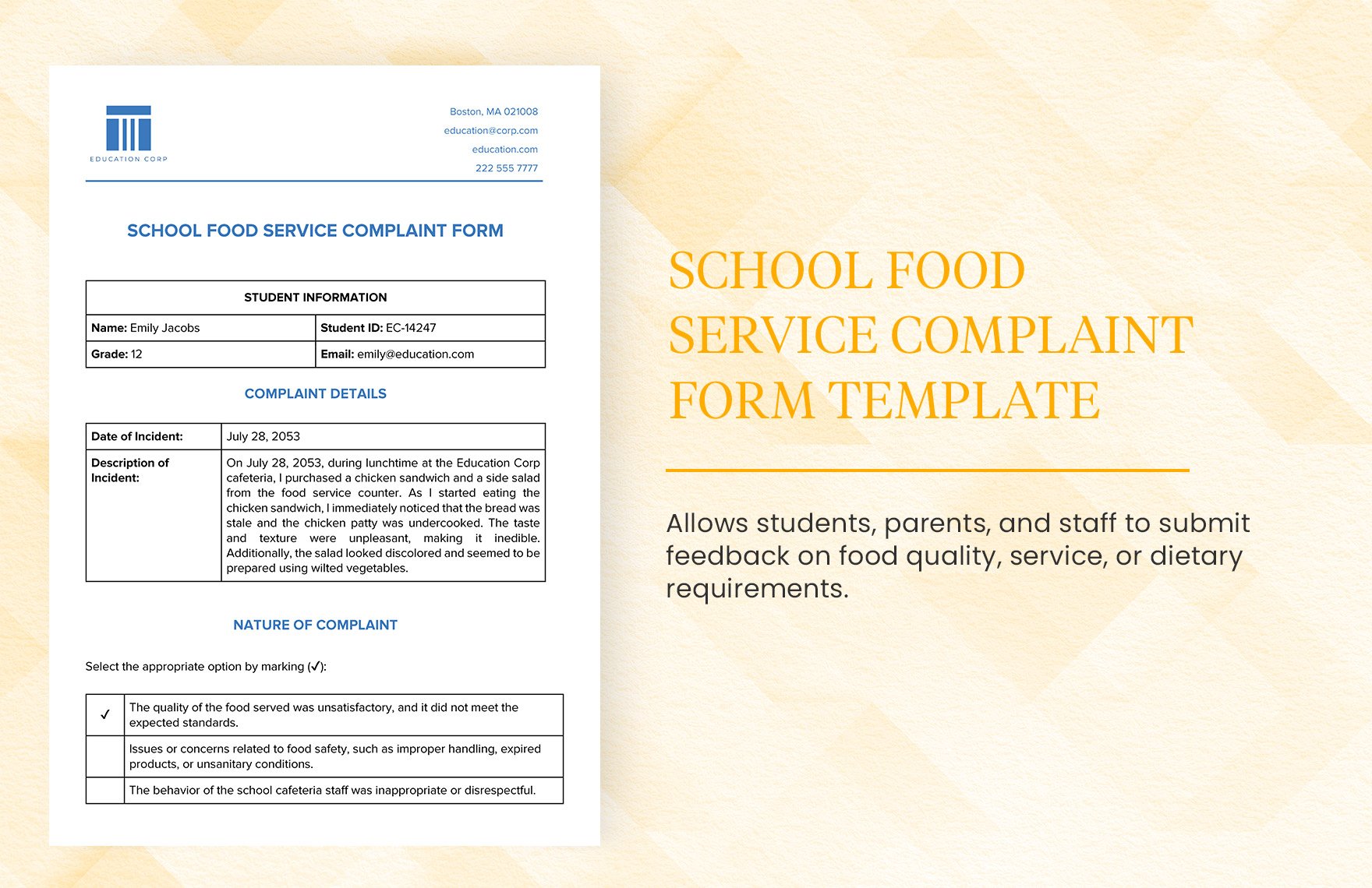 School Food Service Complaint Form Template