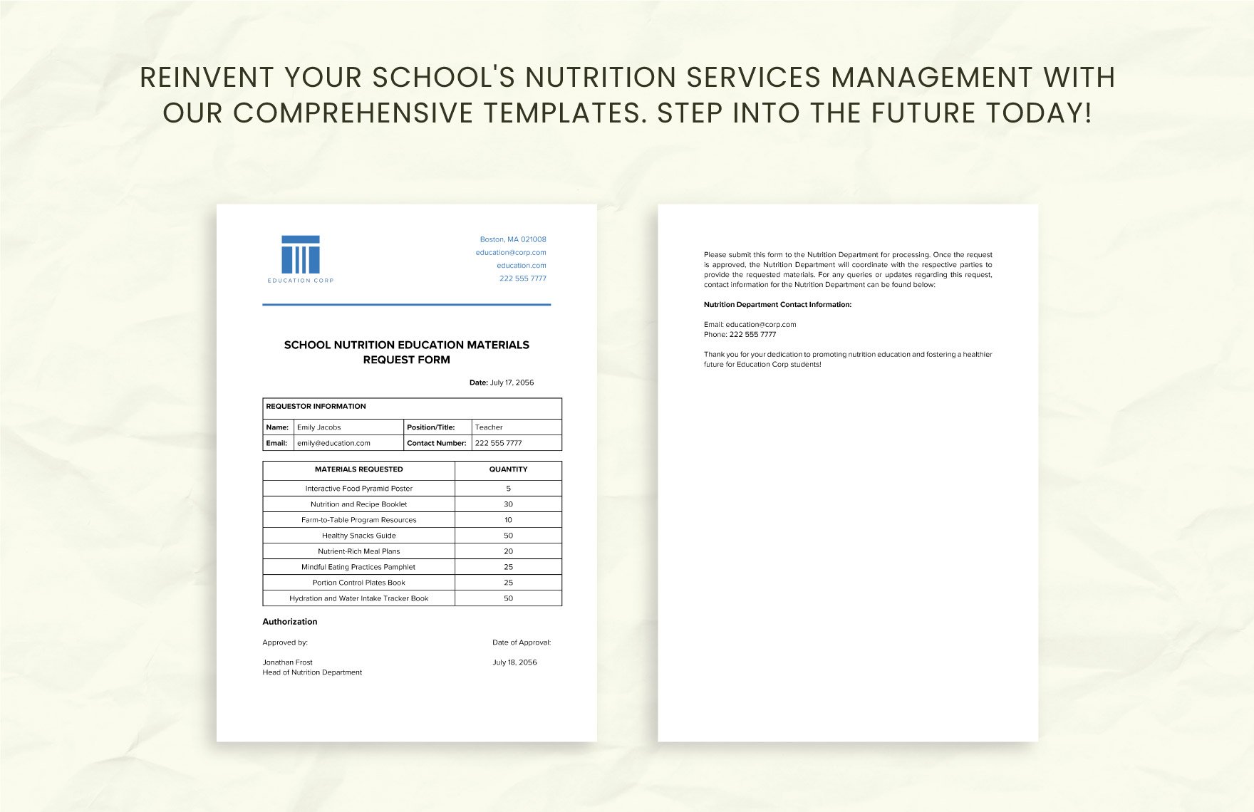 School Nutrition Education Materials Request Form Template