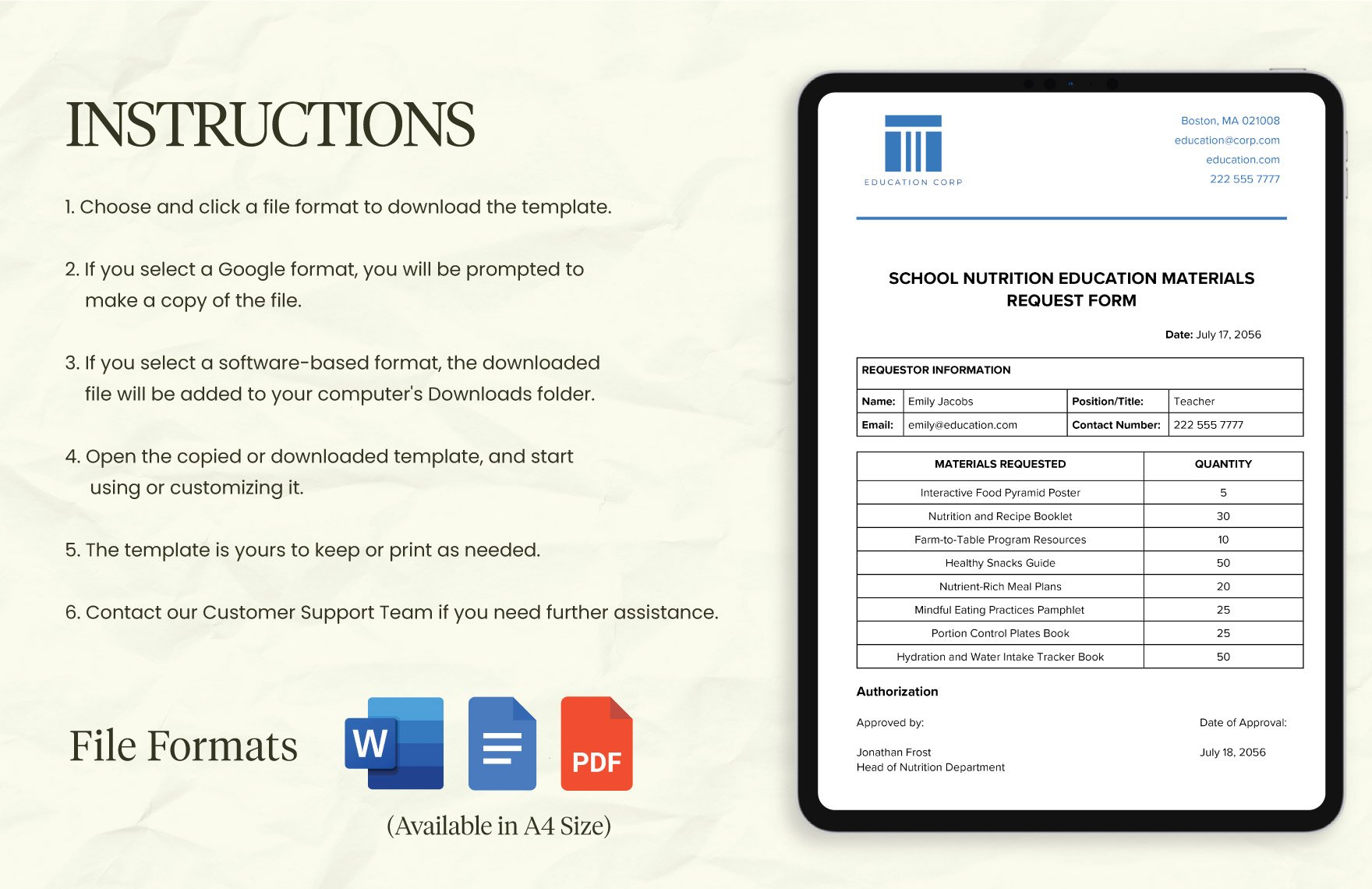 School Nutrition Education Materials Request Form Template