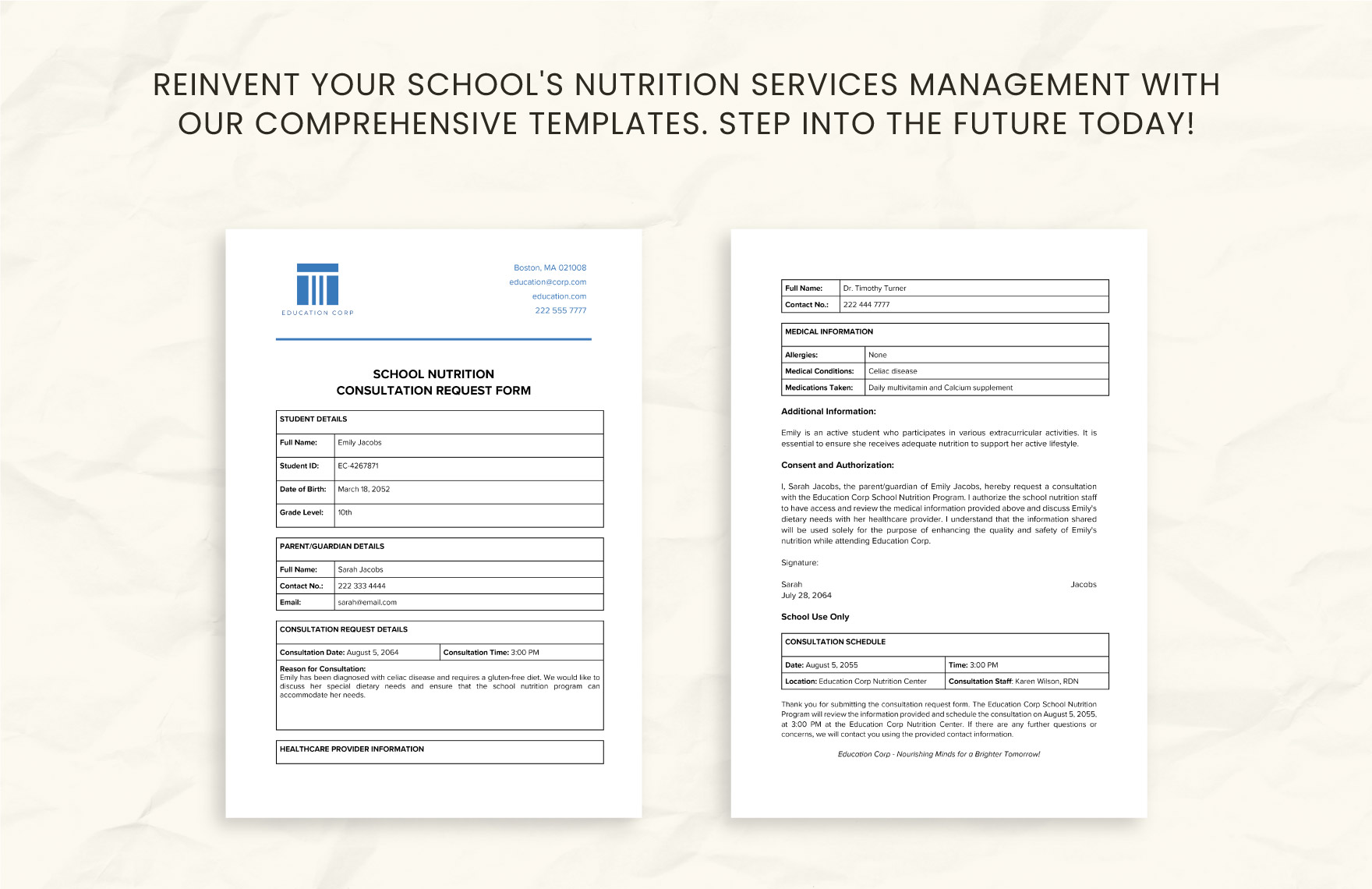 School Nutrition Consultation Request Form Template