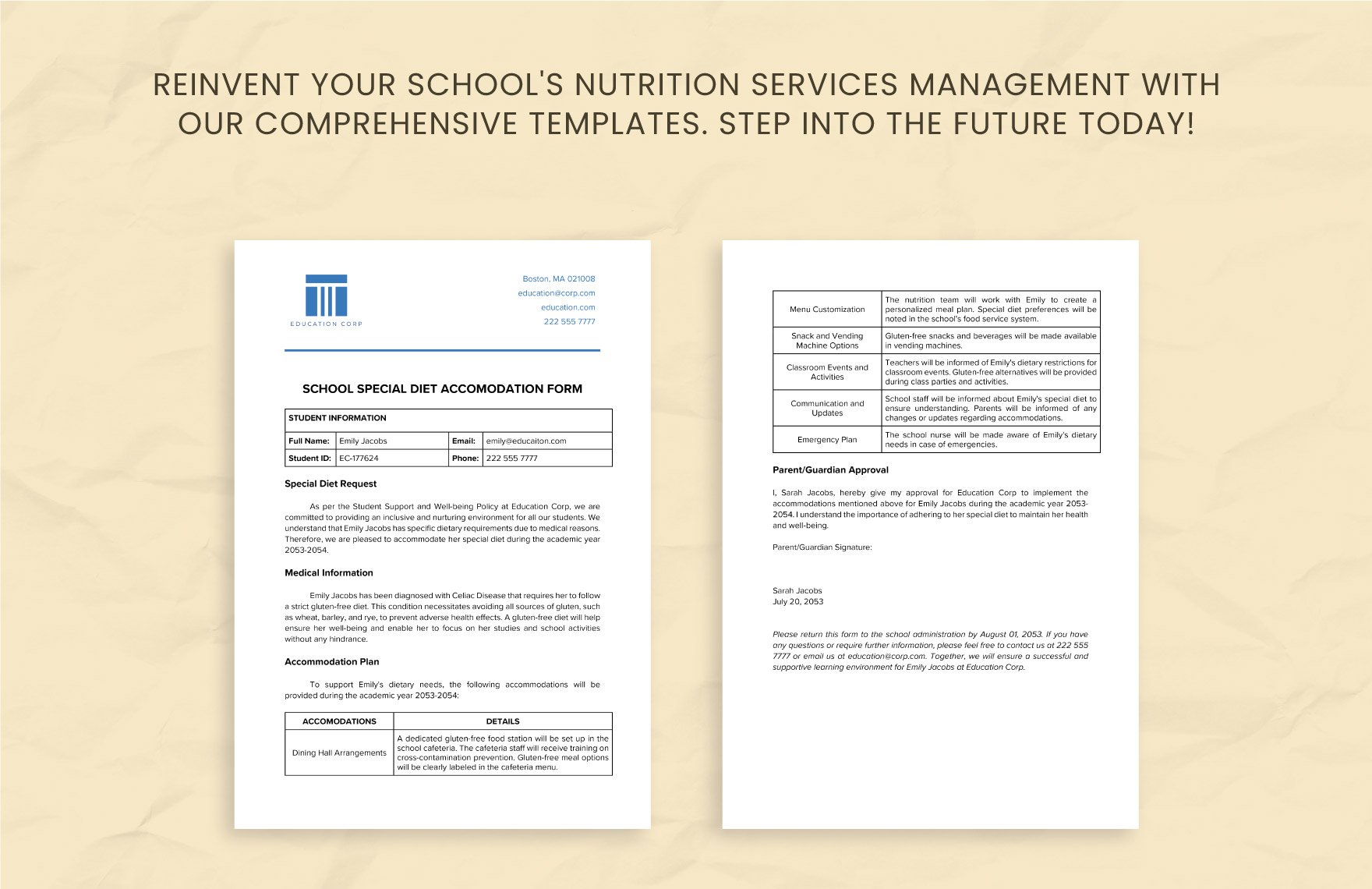 School Special Diet Accommodation Form Template