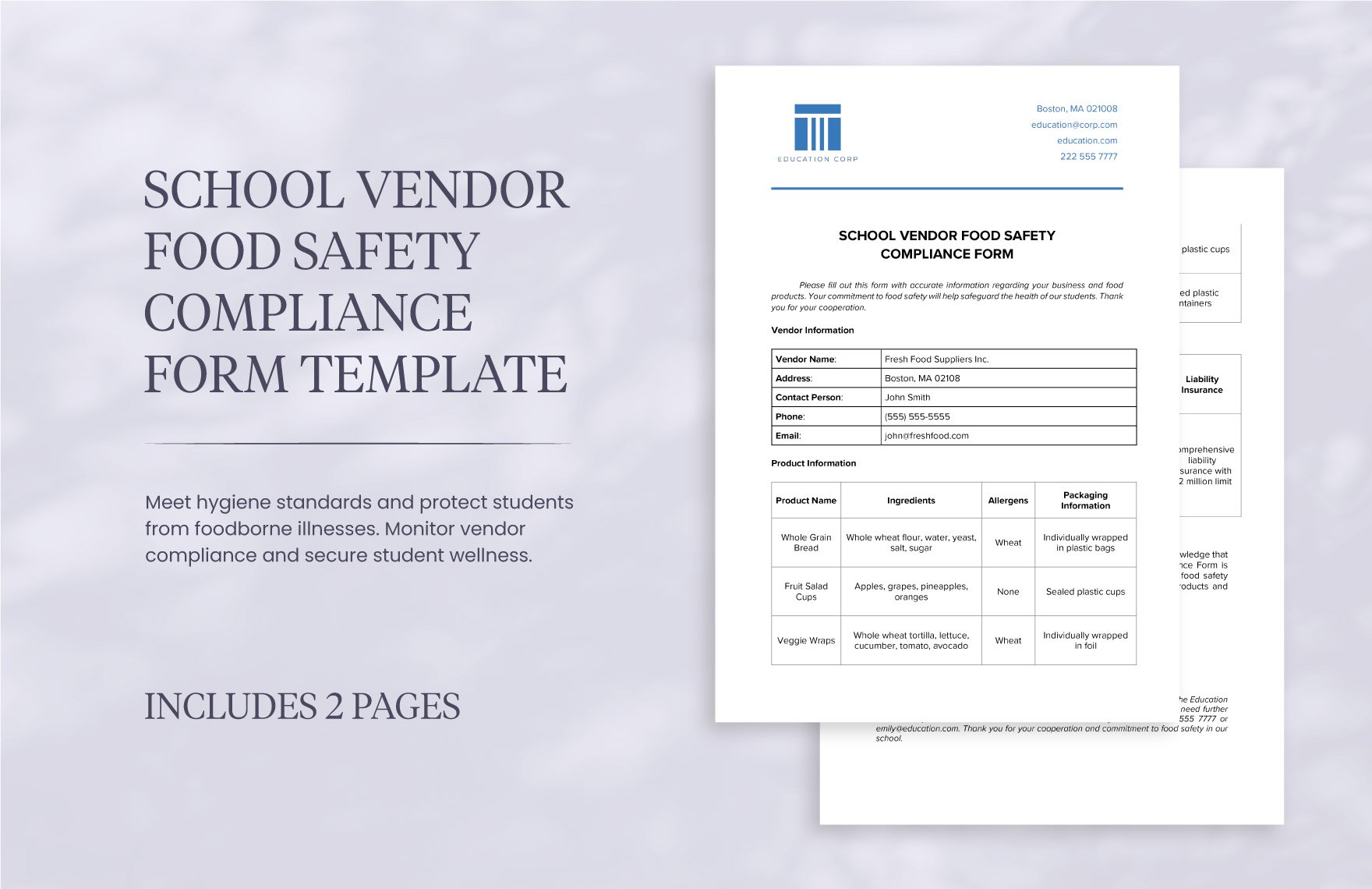School Vendor Food Safety Compliance Form Template