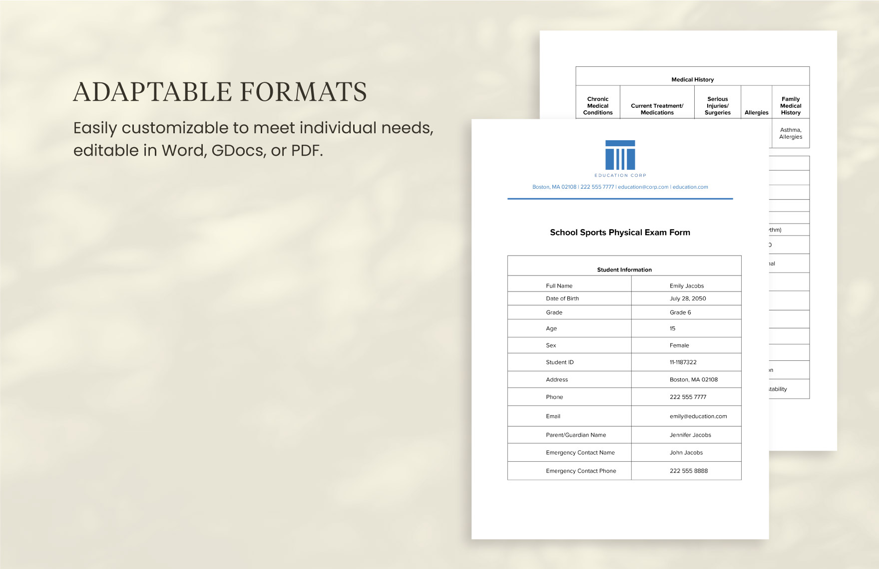 School Sports Physical Exam Form Template