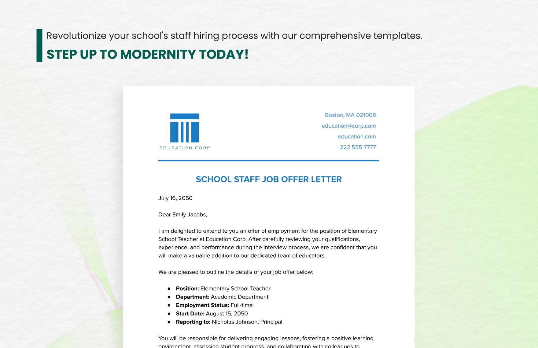 School Staff Job Offer Letter Template