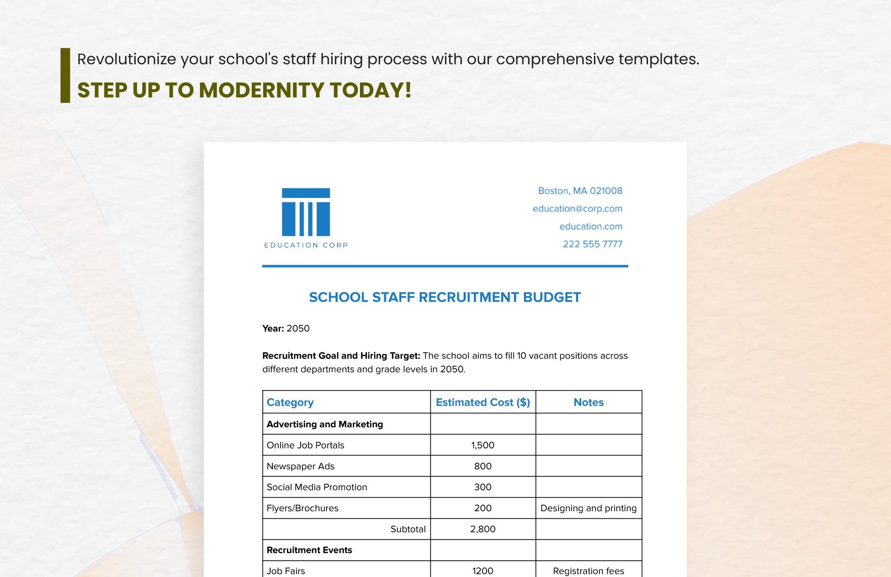School Staff Recruitment Budget Template
