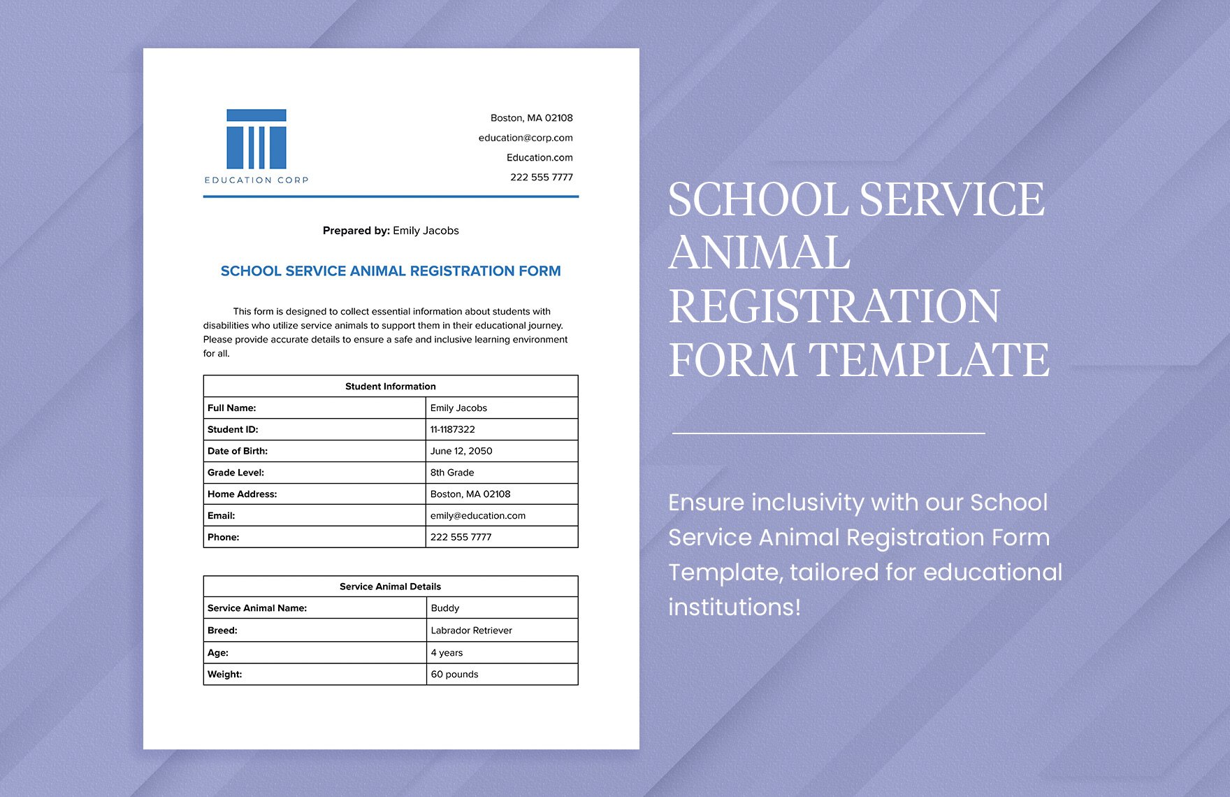 School Service Animal Registration Form Template