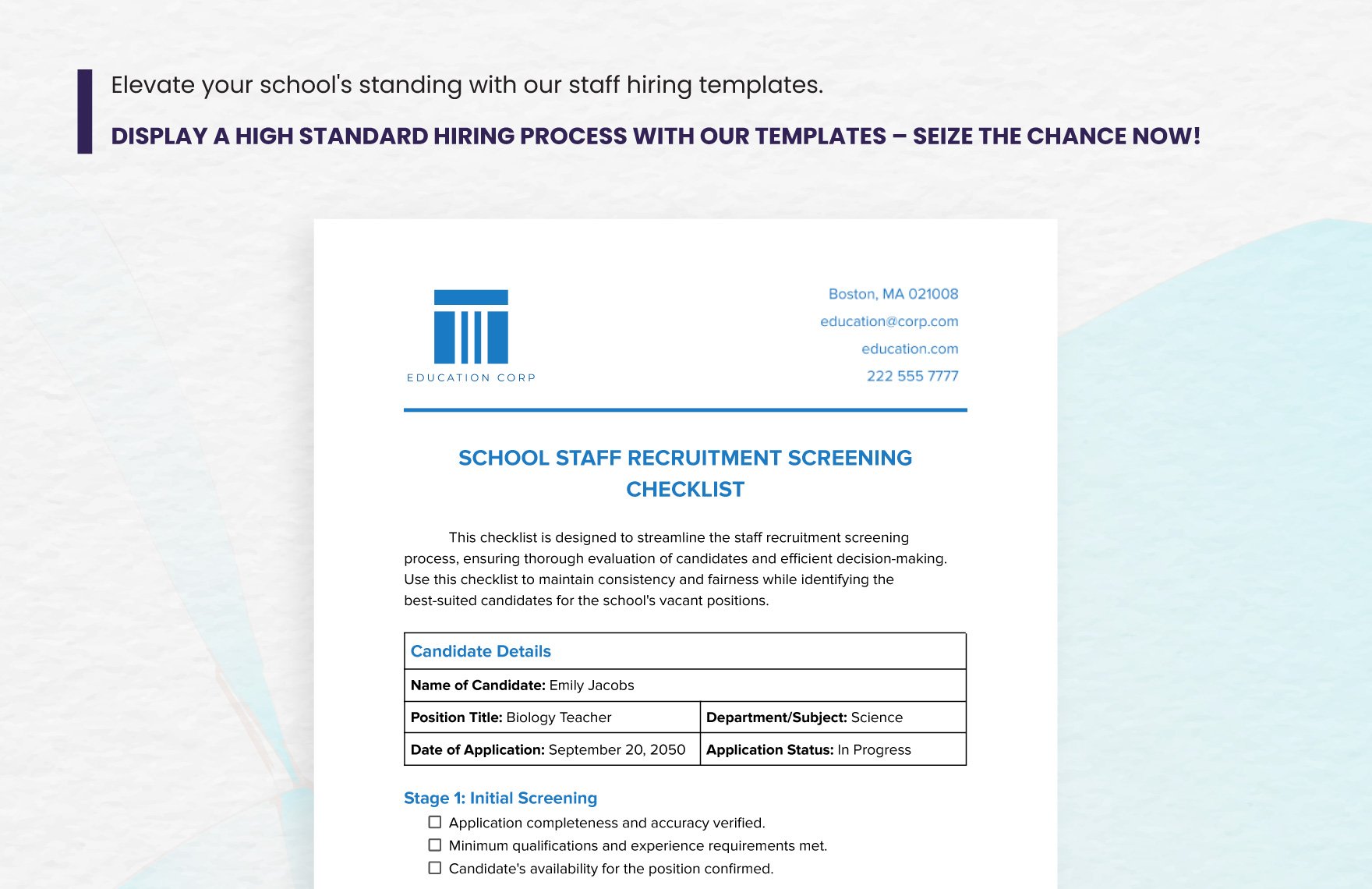 School Staff Recruitment Screening Checklist Template