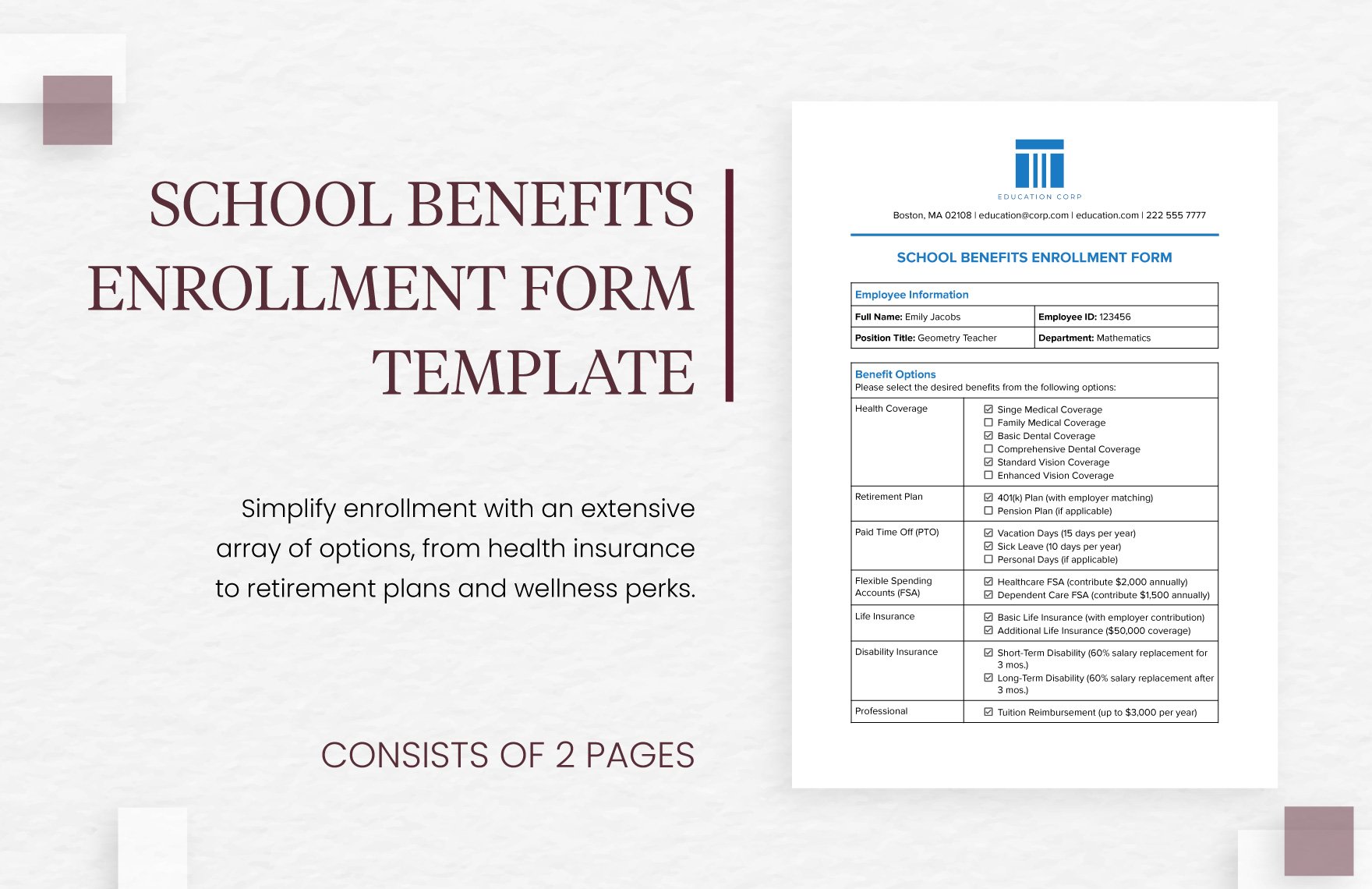 School Benefits Enrollment Form Template