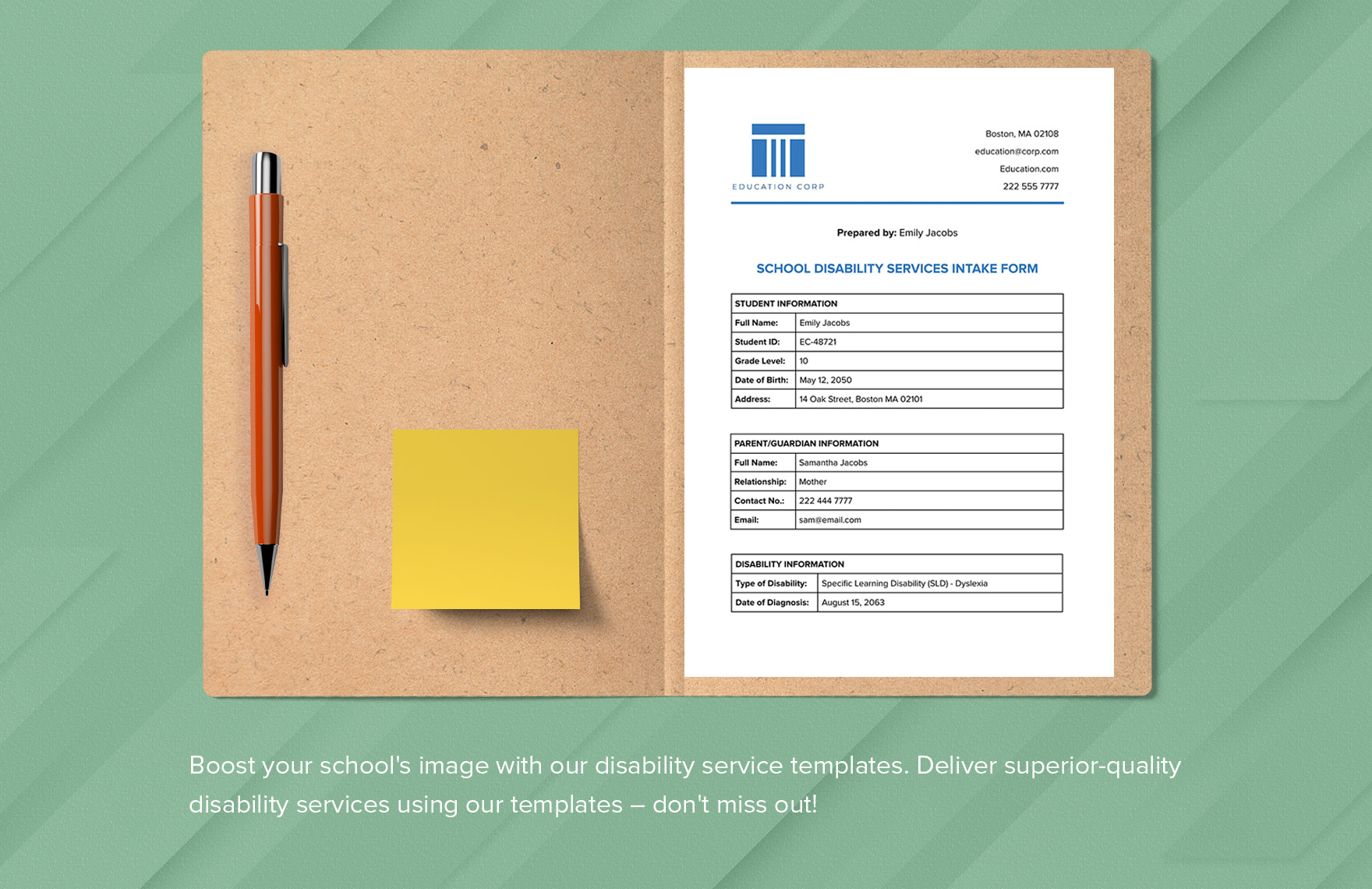 School Disability Services Intake Form Template