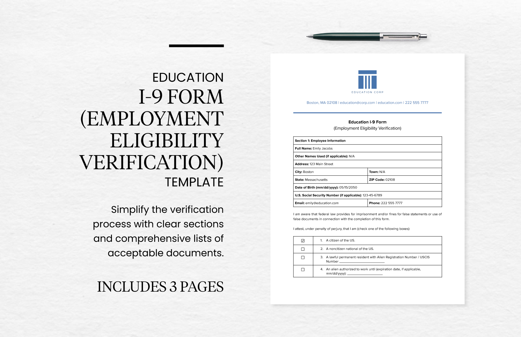 Education I-9 Form (Employment Eligibility Verification) Template