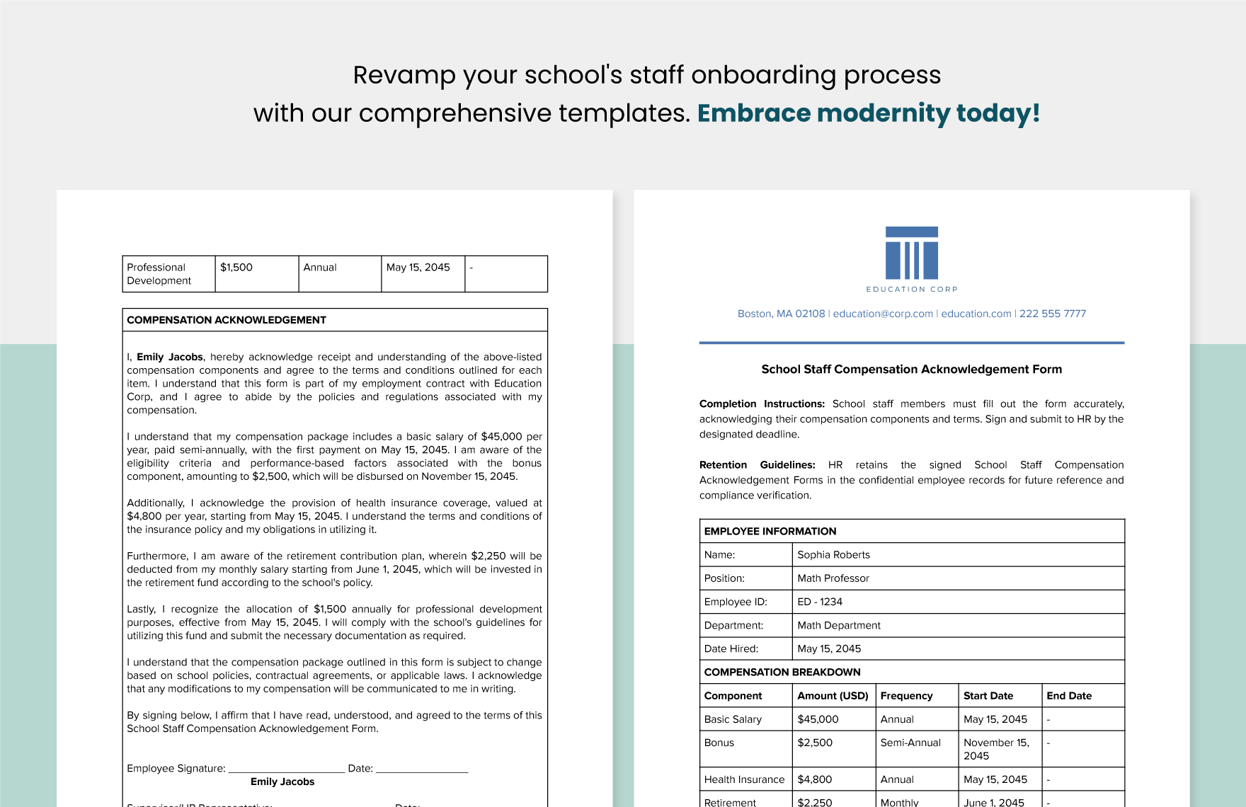 School Staff Compensation Acknowledgement Form Template
