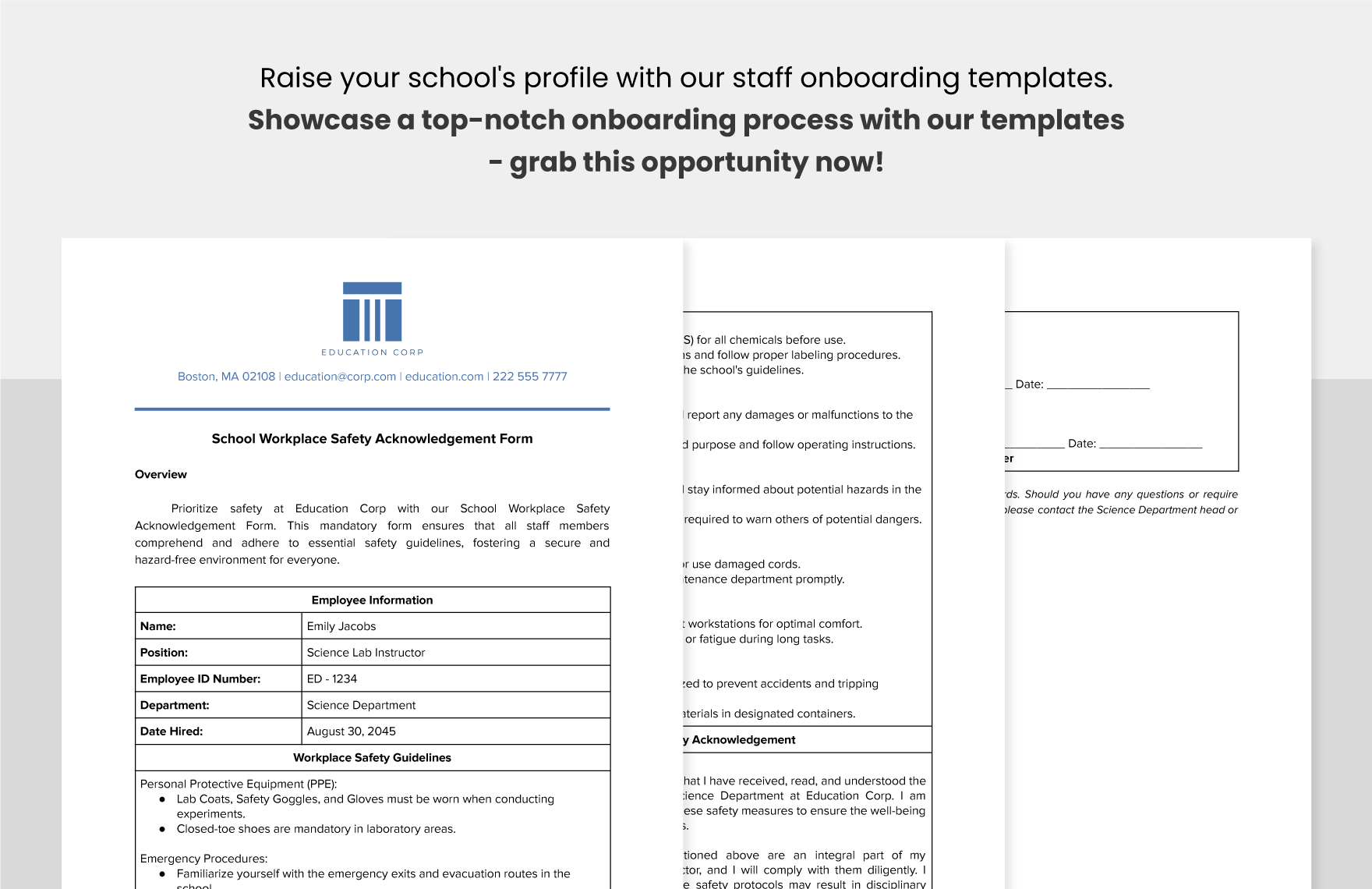 School Workplace Safety Acknowledgement Form Template