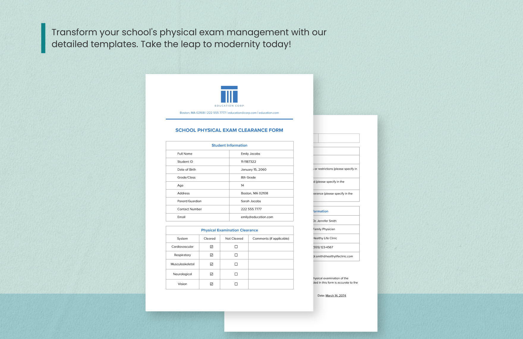 School Physical Exam Clearance Form Template