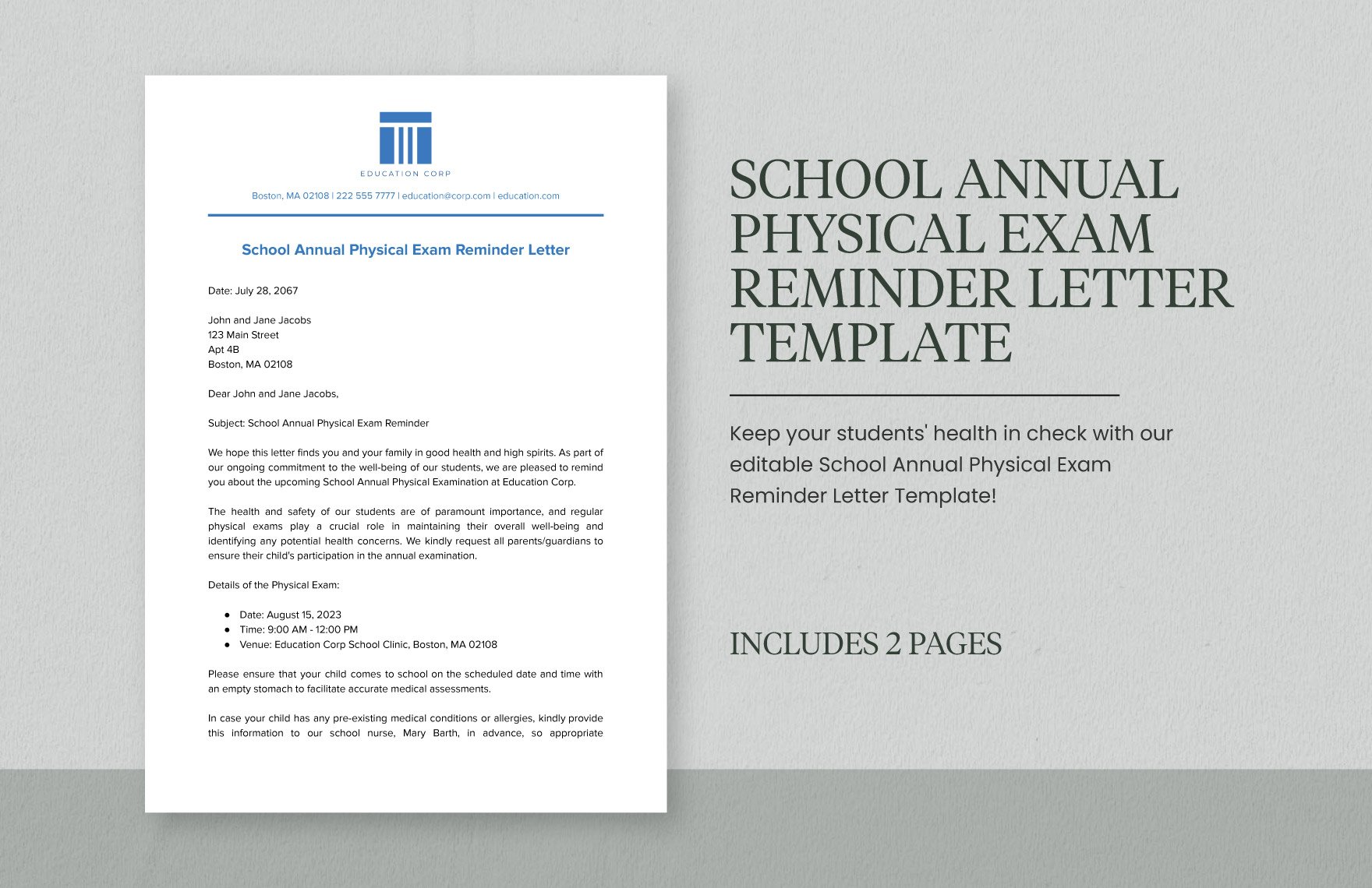 School Annual Physical Exam Reminder Letter Template